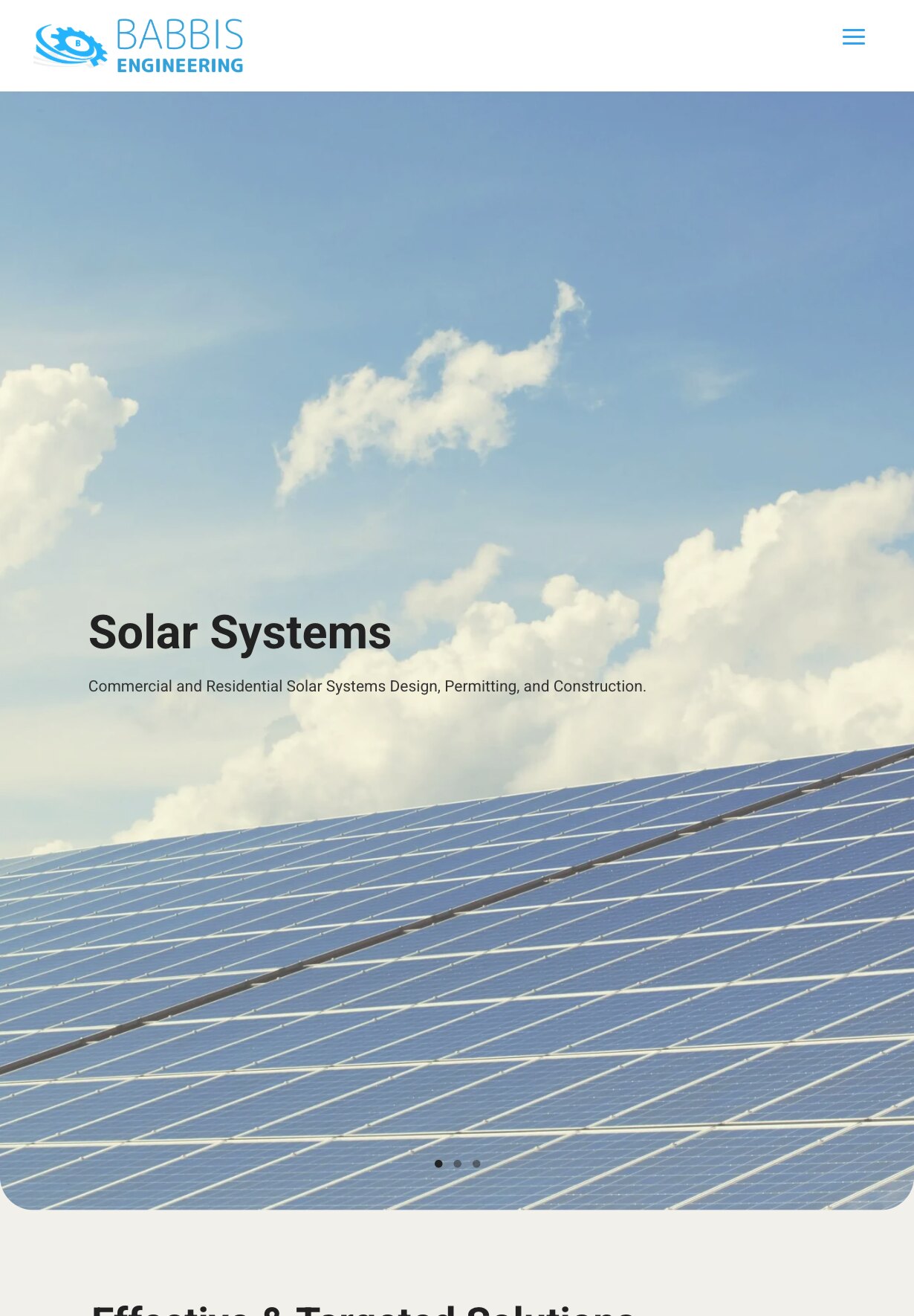 The home page on a tablet: the logo and a menu button above a tall photograph of solar panels under a blue sky with clouds, with the heading "Solar Systems", the line about commercial and residential design, permitting and construction, and three slide dots; the top of the next section's heading shows below it.