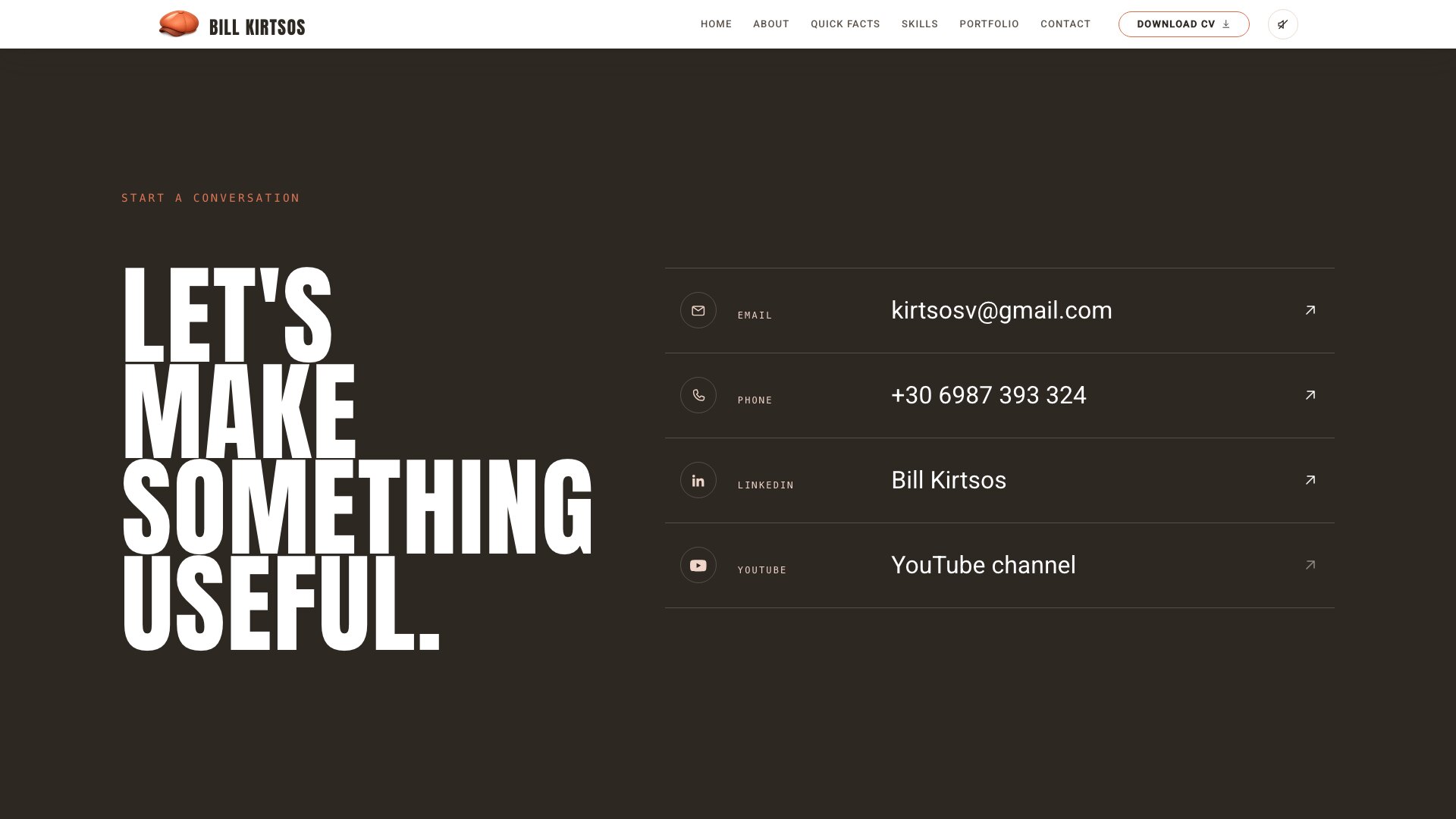 The contact section on charcoal, an oversized headline beside a ledger of contact rows with icons