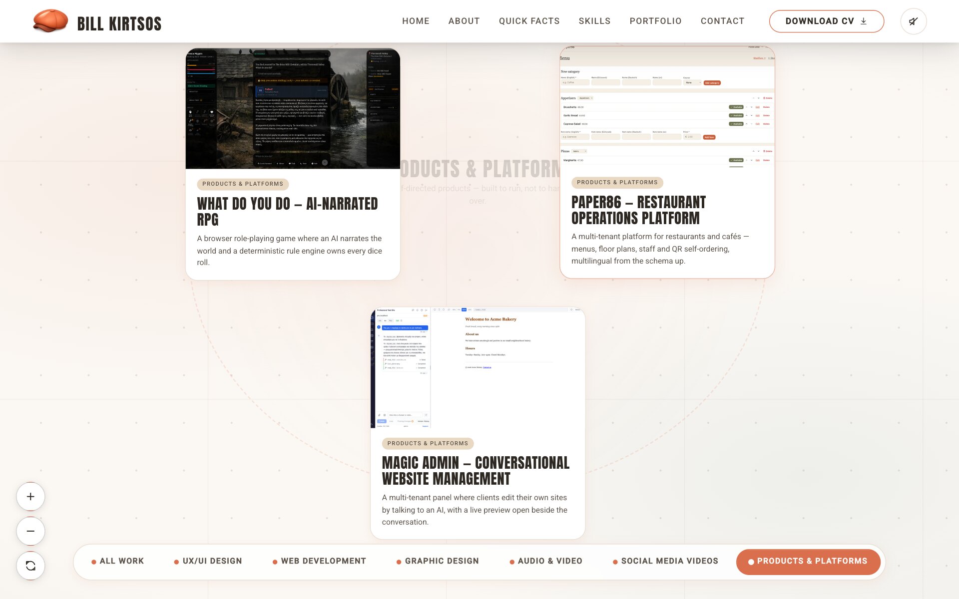 The project map zoomed in on its Products & Platforms territory: three project cards on a pale dotted grid around the faded territory title — What Do You Do, an AI-narrated RPG, with a dark game screen; Paper86, a restaurant operations platform, with a menu editor, outlined in terracotta and its image enlarged under the pointer; and Magic Admin, conversational website management, with a chat beside a website preview. Zoom buttons sit on the left and the filter bar along the bottom, with "Products & Platforms" selected.