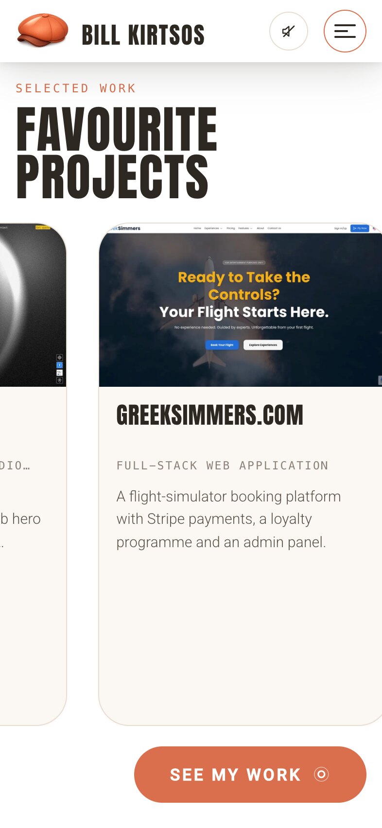 The favourite projects reel on a phone: the heading "Favourite Projects" over two lines, the greeksimmers.com card with a flight-simulator site reading "Ready to Take the Controls?", the subtitle "Full-stack web application" and a short description, the edge of the previous card at the left, and a "See my work" button below.