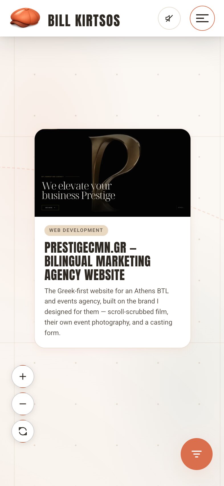 The project map on a phone, zoomed in until one pin has become a card: prestigecmn.gr, with a screenshot of a gold "P" monogram on black and the headline "We elevate your business Prestige", a "Web development" tag, the title "prestigecmn.gr – Bilingual marketing agency website" and a short description, alone on a pale dotted grid with zoom buttons at the lower left and a round terracotta filter button at the lower right.