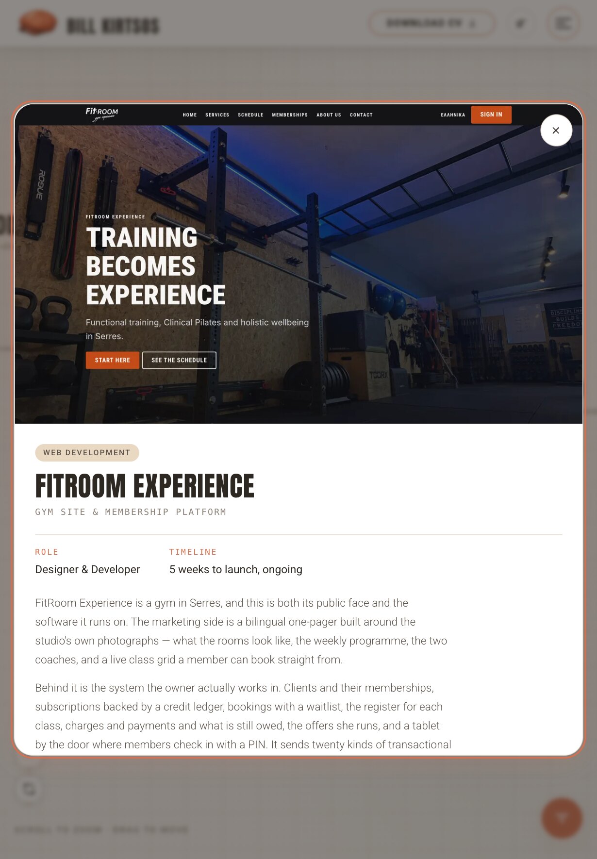 A project dialog on a tablet: a screenshot of the FitRoom Experience site, a gym interior lit in blue behind the headline "Training becomes experience", then a "Web development" tag, the title "FitRoom Experience", the subtitle "Gym site & membership platform", the role "Designer & Developer", the timeline "5 weeks to launch, ongoing" and the first paragraphs of the case study, with a round close button top right.