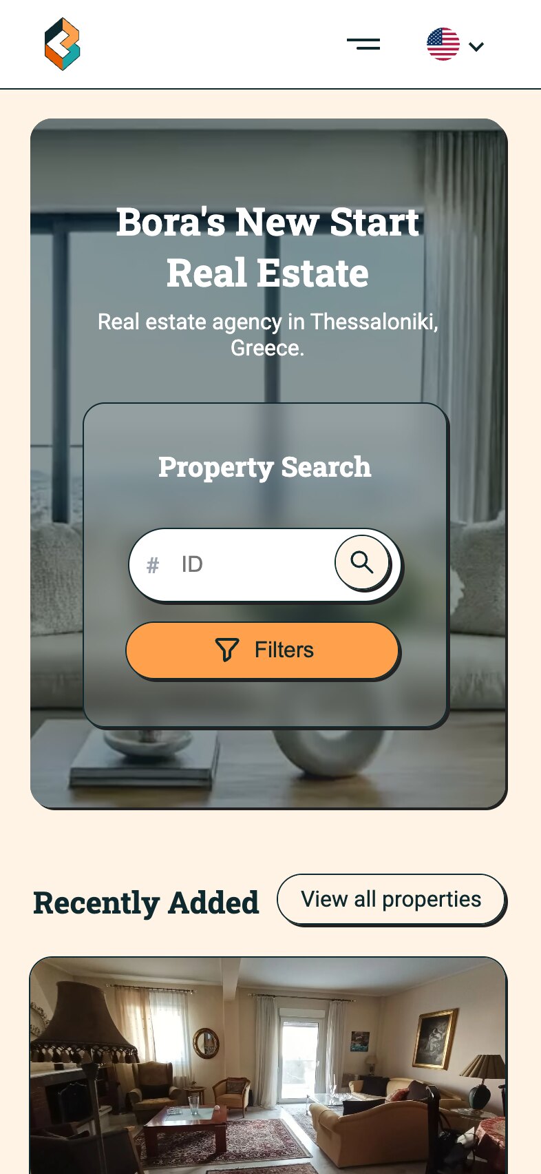 The home page on a phone: the logo mark, a menu button and the flag picker, the headline over two lines and the line about the agency in Thessaloniki, the "Property Search" panel with the ID field and a full-width orange "Filters" button, then "Recently Added", the "View all properties" button and the photograph of the first listing, a furnished living room.