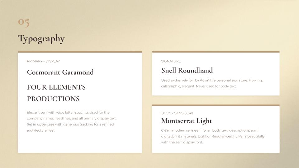 Typography — Cormorant Garamond display, Snell Roundhand signature, Montserrat Light body