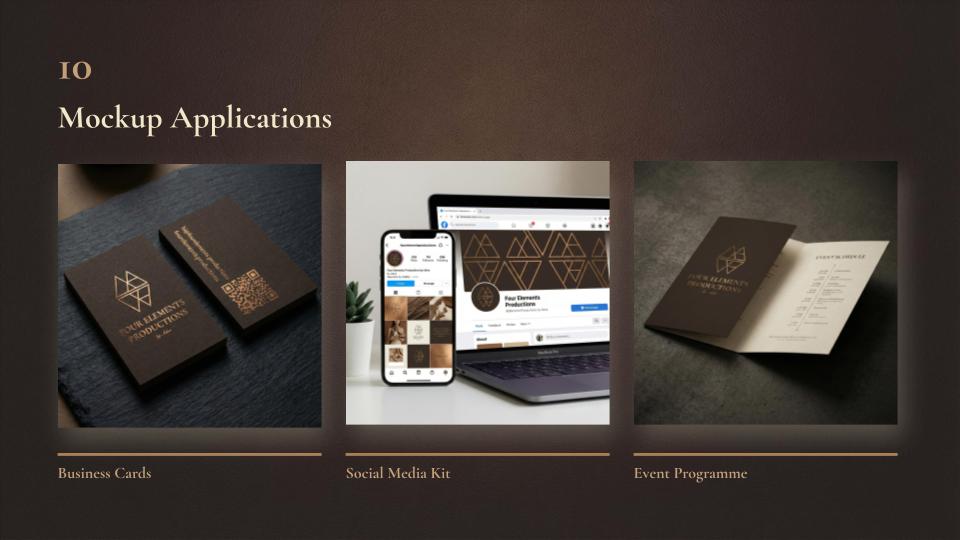 Mockup applications overview — business cards, social media kit, and event programme