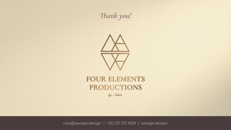 Thank you closing slide with Four Elements Productions logo