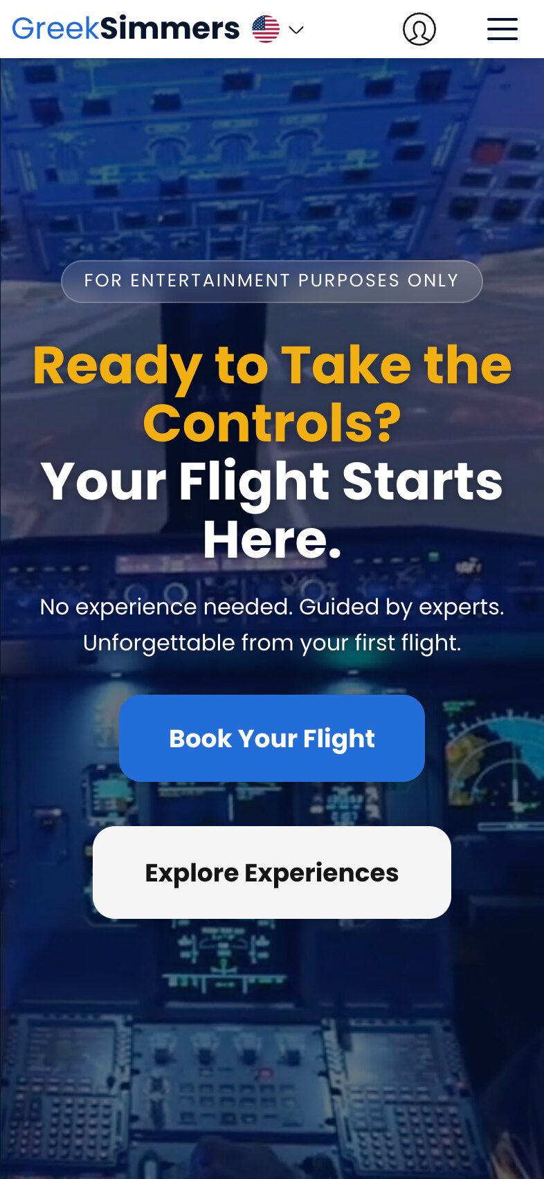 The home page on a phone: the logo, the language menu, an account icon and a menu button in the header, then the flight-deck image with the label, the yellow-and-white heading, the introduction over two lines, and the "Book Your Flight" and "Explore Experiences" buttons stacked one above the other.
