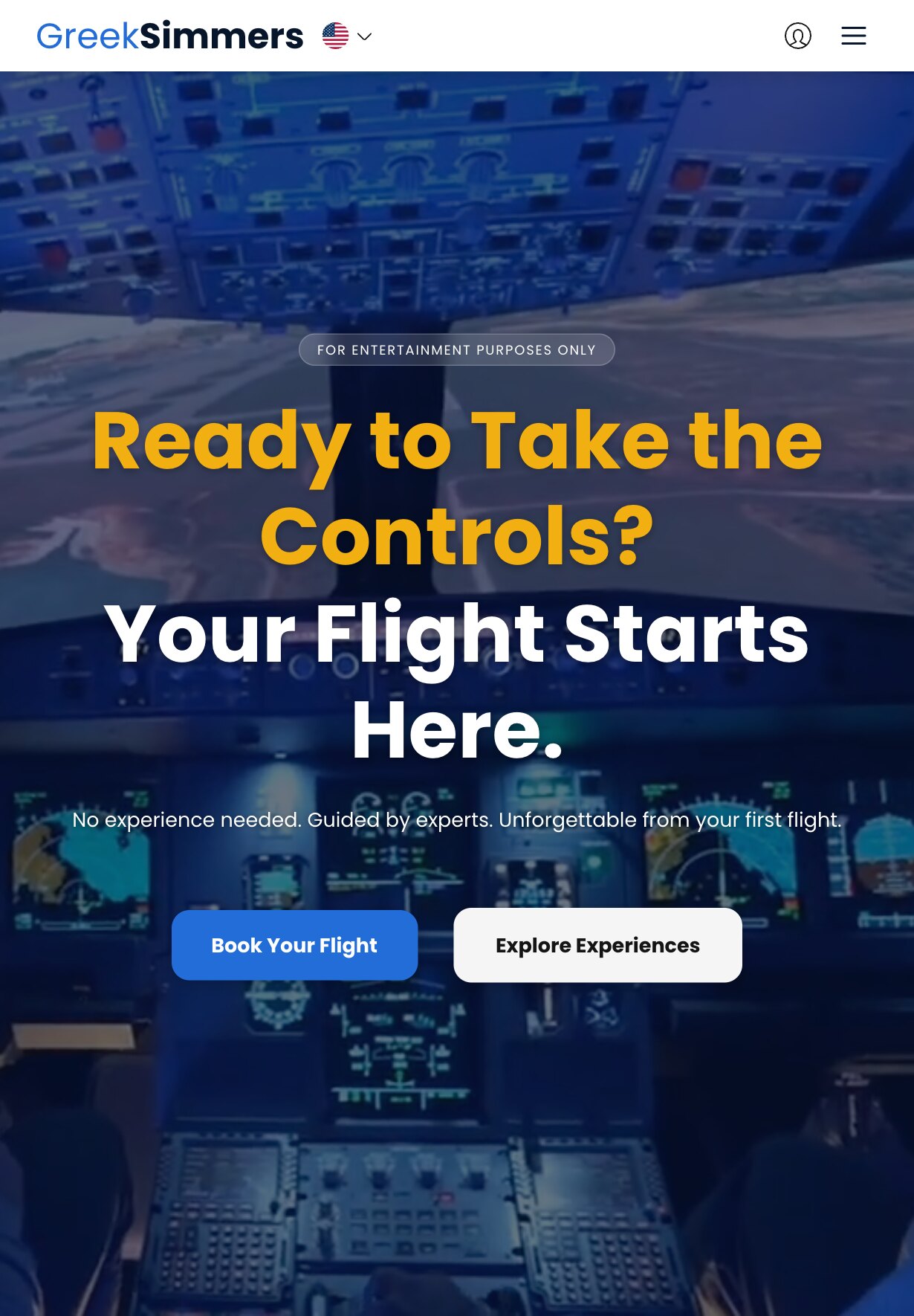 The home page on a tablet: the logo with the US-flag language menu beside it and, on the right, an account icon and a menu button, above the flight-deck image with the "For entertainment purposes only" label, the yellow-and-white heading over four lines, the introduction and the "Book Your Flight" and "Explore Experiences" buttons side by side.