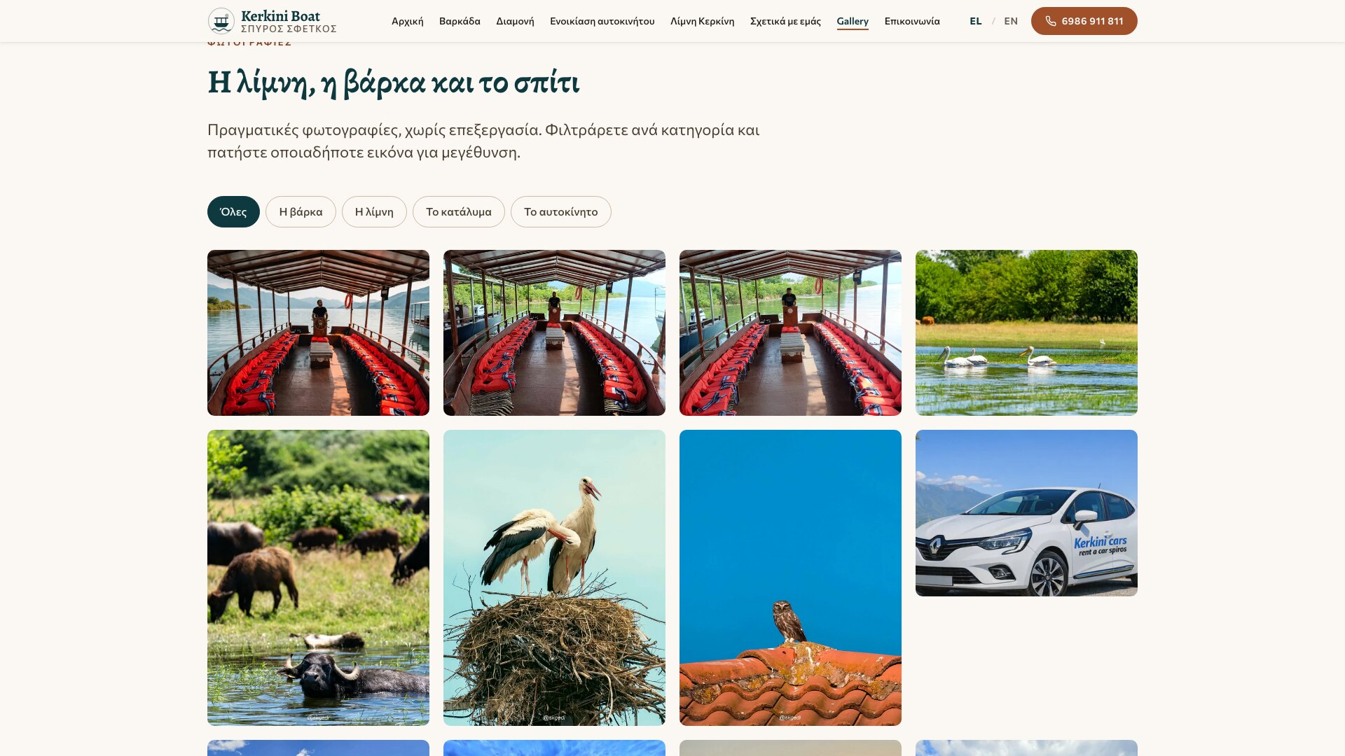 Galleri-siden: fem kategoriknapper over et gitter med fotos af båden, pelikaner, vandbøfler, storke og en lejebil.