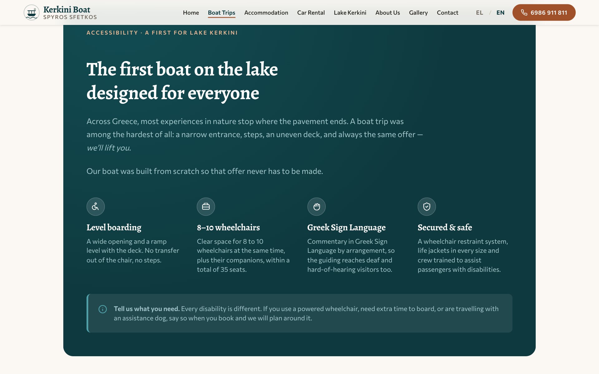 一块深青色面板,标签为“Accessibility · A first for Lake Kerkini”,标题为“The first boat on the lake designed for everyone”,下有两段短文和四个带圆形图标的要点(Level boarding、8–10 wheelchairs、Greek Sign Language、Secured & safe),各附简短说明;底部有一条提示,请游客在预订时说明自己的需要。