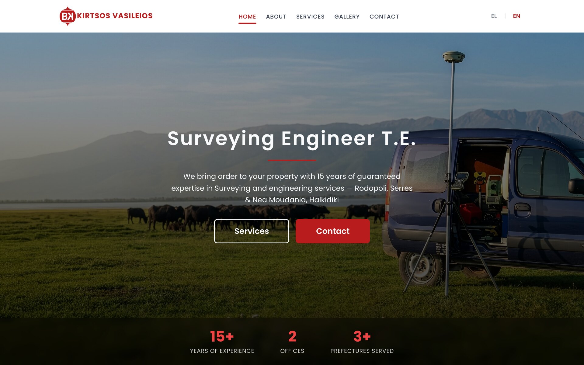 The kirtsos.gr home page: the red BK logo, a menu of Home, About, Services, Gallery and Contact, and an EL | EN switch, above a photograph of a GPS receiver on a surveying pole and tripod beside a blue van whose open side door shows surveying instruments, in a meadow where dark cattle graze below mountains; over it the heading "Surveying Engineer T.E.", a line about 15 years of experience in Rodopoli, Serres and Nea Moudania, Halkidiki, an outlined Services button and a red Contact button, with a strip of figures below: 15+ years of experience, 2 offices, 3+ prefectures served.