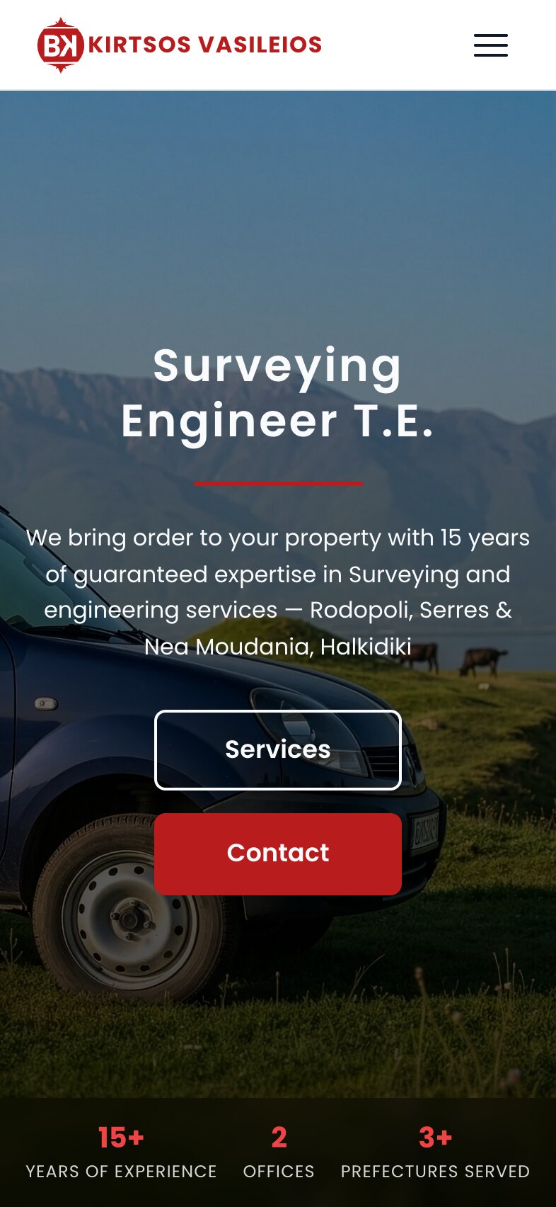The home page on a phone: the logo and a menu button, then the heading "Surveying Engineer T.E." over two lines, the introduction, and the Services and Contact buttons stacked in front of the blue van, with cattle in the distance and the three figures in a row at the bottom.