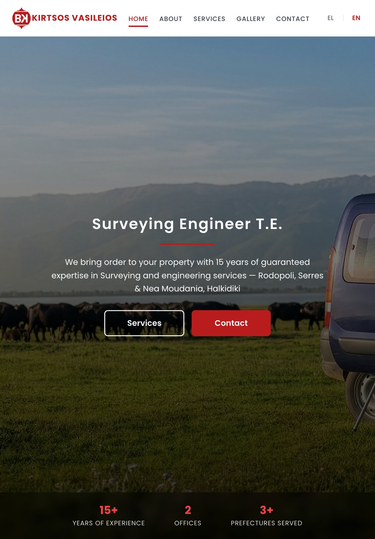 The home page on a tablet: the logo, the full menu and the EL | EN switch on one line, above the same meadow photograph with the van cut off at the right edge, the heading "Surveying Engineer T.E.", the introduction, the Services and Contact buttons, and the strip of figures at the bottom.