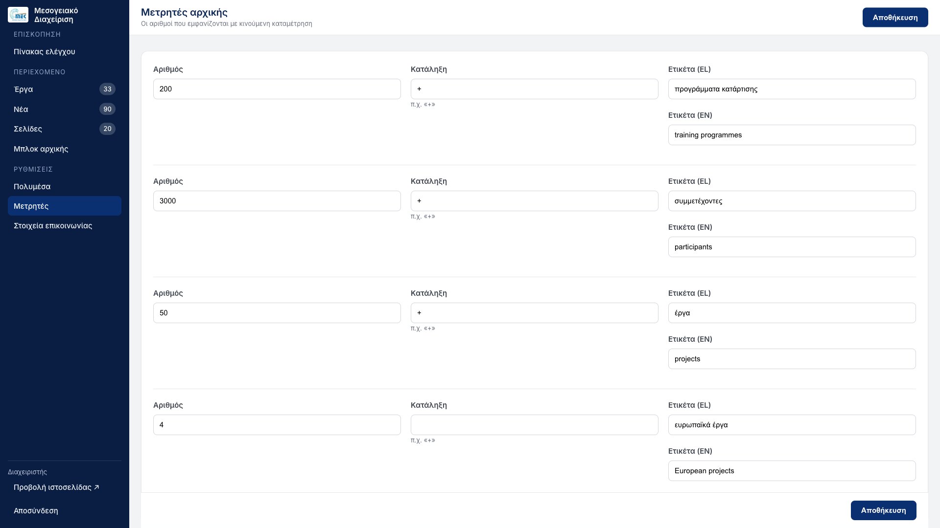Homepage counters editor: four rows, each with a number, a suffix, and a label in Greek and in English — 200 +, 3000 +, 50 + and 4