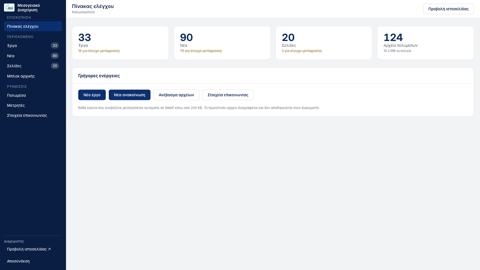 Admin dashboard with four counts — 33 projects, 90 news items, 20 pages, 124 media files — how many of each still await a translation check, and quick actions
