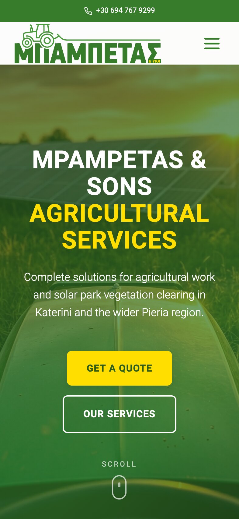 The home page on a phone: the green bar showing only the phone number, a large logo and a menu button, then the heading over four lines, the introduction, the "Get a Quote" and "Our Services" buttons stacked and the scroll cue, over the tractor's hood and the solar panels.