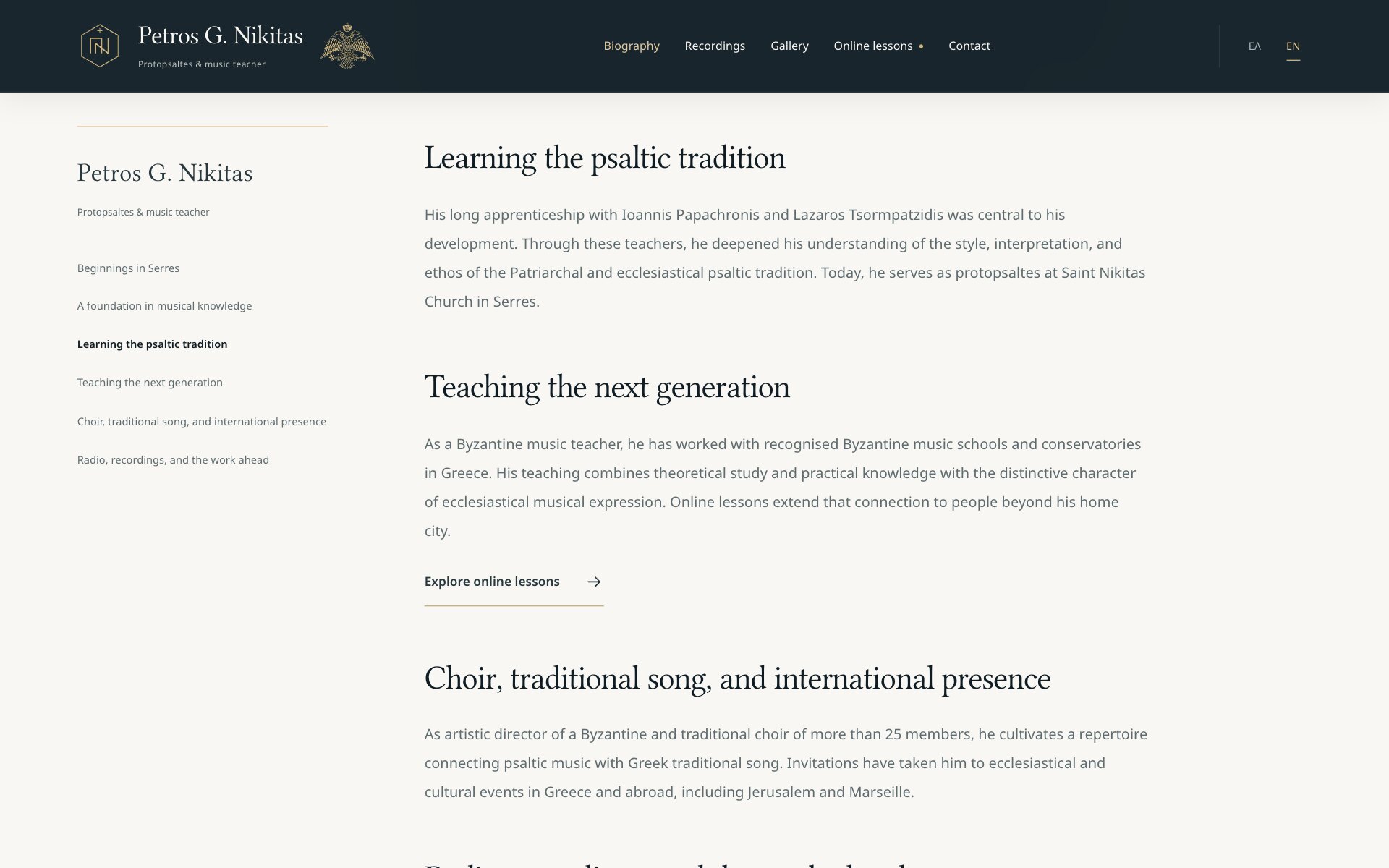 The biography page partway down: on the left, a column with his name and six chapter links, "Learning the psaltic tradition" in bold; on the right, that chapter, "Teaching the next generation" with an "Explore online lessons" link, and "Choir, traditional song, and international presence", each a heading and a paragraph.