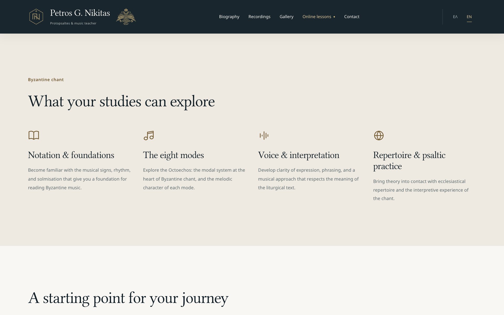 The section "What your studies can explore" on the online lessons page: four columns, each with a small gold icon, a title — Notation & foundations, The eight modes, Voice & interpretation, Repertoire & psaltic practice — and a short description; below, the heading "A starting point for your journey".