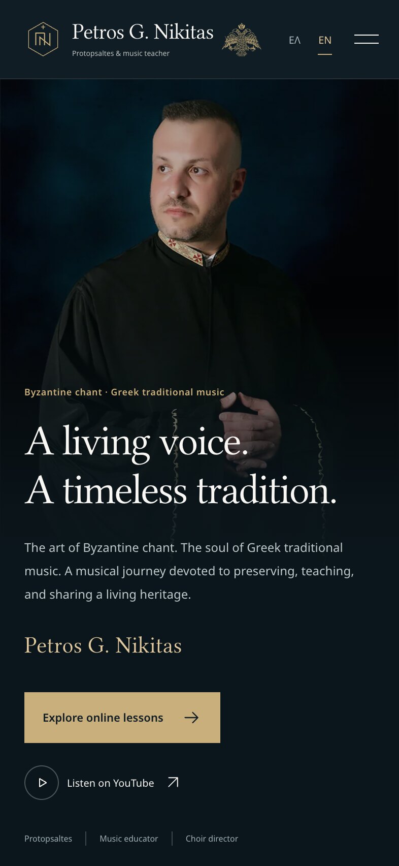 The home page on a phone: the portrait of Petros Nikitas in a black robe fills the top, with the headline "A living voice. A timeless tradition." over its lower edge; below, a short introduction, his name in gold, an "Explore online lessons" button and a "Listen on YouTube" link.
