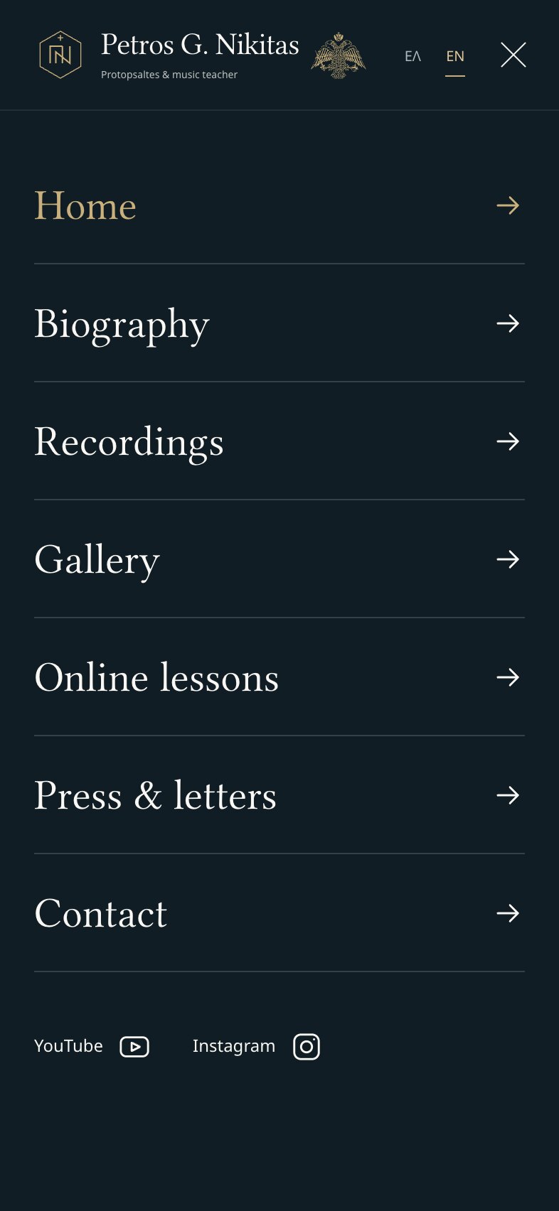 The phone menu open on a dark background: Home in gold, then Biography, Recordings, Gallery, Online lessons, Press & letters and Contact, each with an arrow, and YouTube and Instagram links at the bottom; a close button takes the place of the menu button in the header.