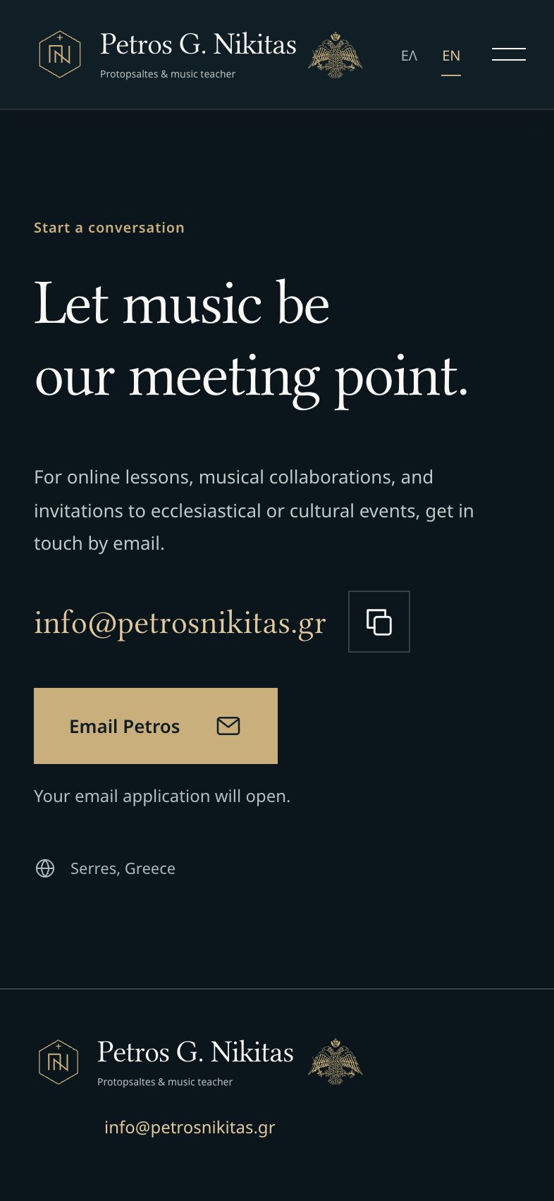 The contact section on a phone: the heading "Let music be our meeting point.", a short text, the address info@petrosnikitas.gr with a copy button, a gold "Email Petros" button, the note "Your email application will open." and the line "Serres, Greece"; the footer begins below.