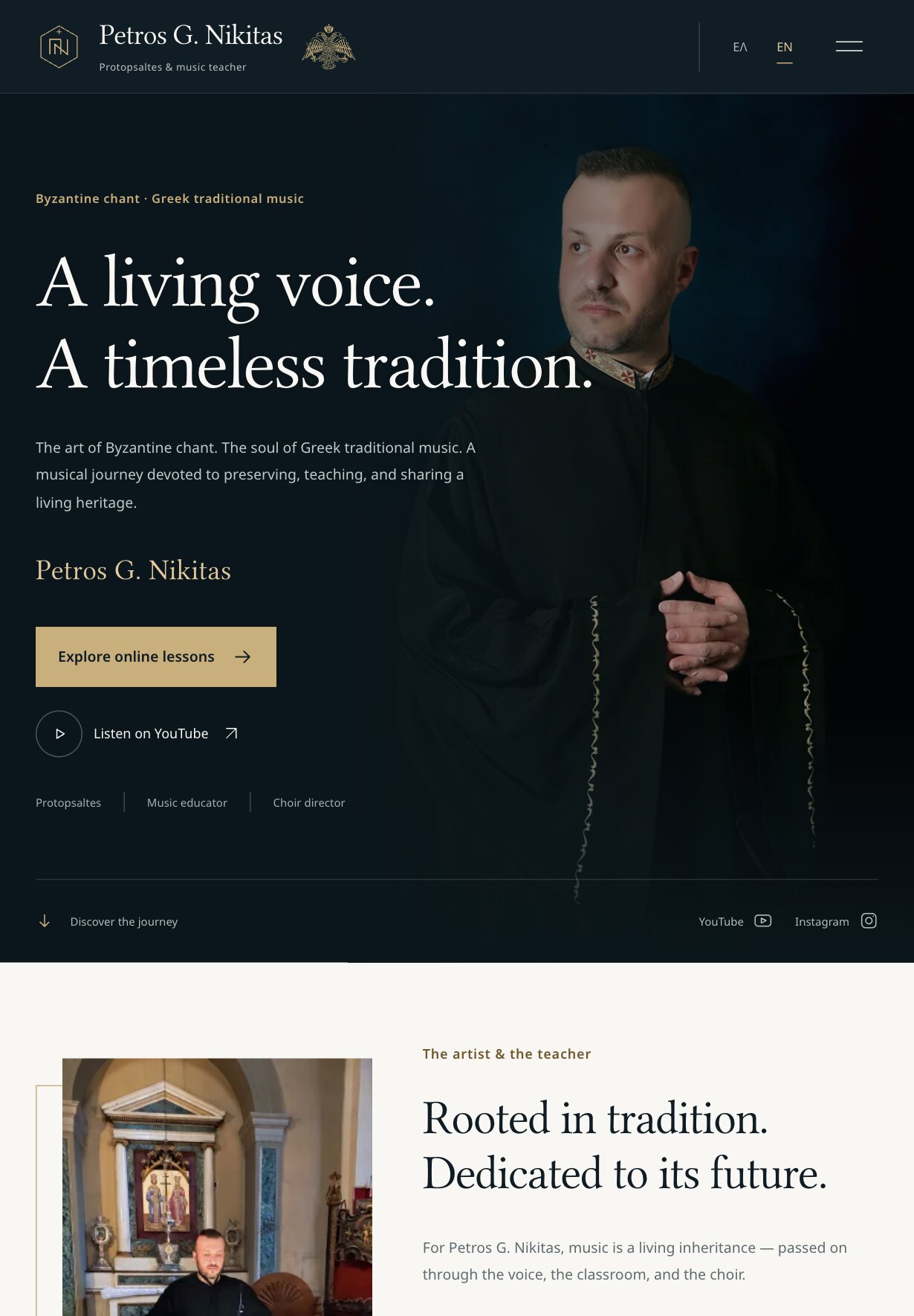 The home page on a tablet: the headline "A living voice. A timeless tradition." over the portrait of Petros Nikitas in a black robe, a short introduction, his name in gold, an "Explore online lessons" button and a "Listen on YouTube" link; below, the start of the section "Rooted in tradition. Dedicated to its future."