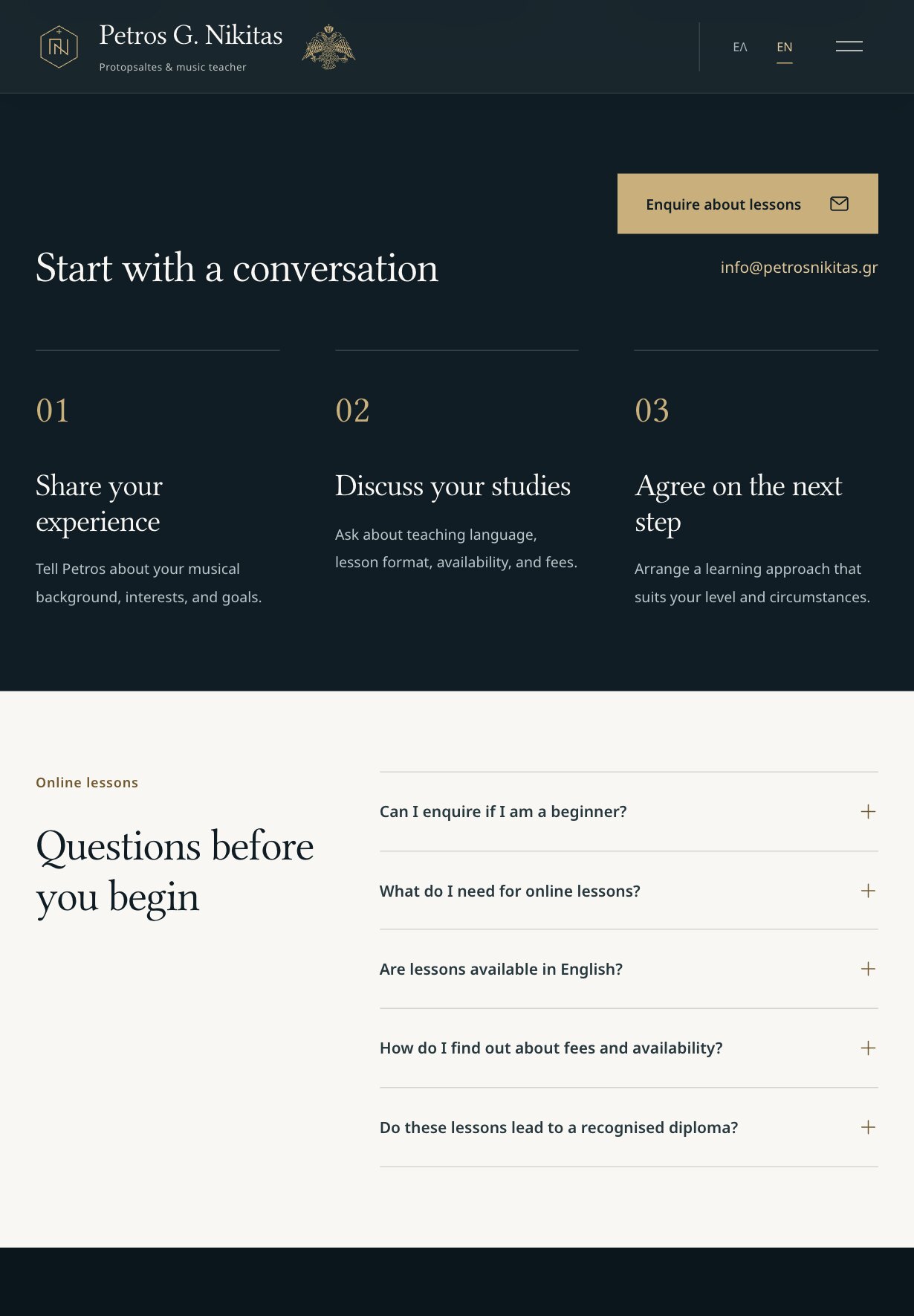 The section "Start with a conversation" on the lessons page, on a tablet: a gold "Enquire about lessons" button with the email address under it, then three numbered steps — Share your experience, Discuss your studies, Agree on the next step — each with a short line; below, the start of the questions section.