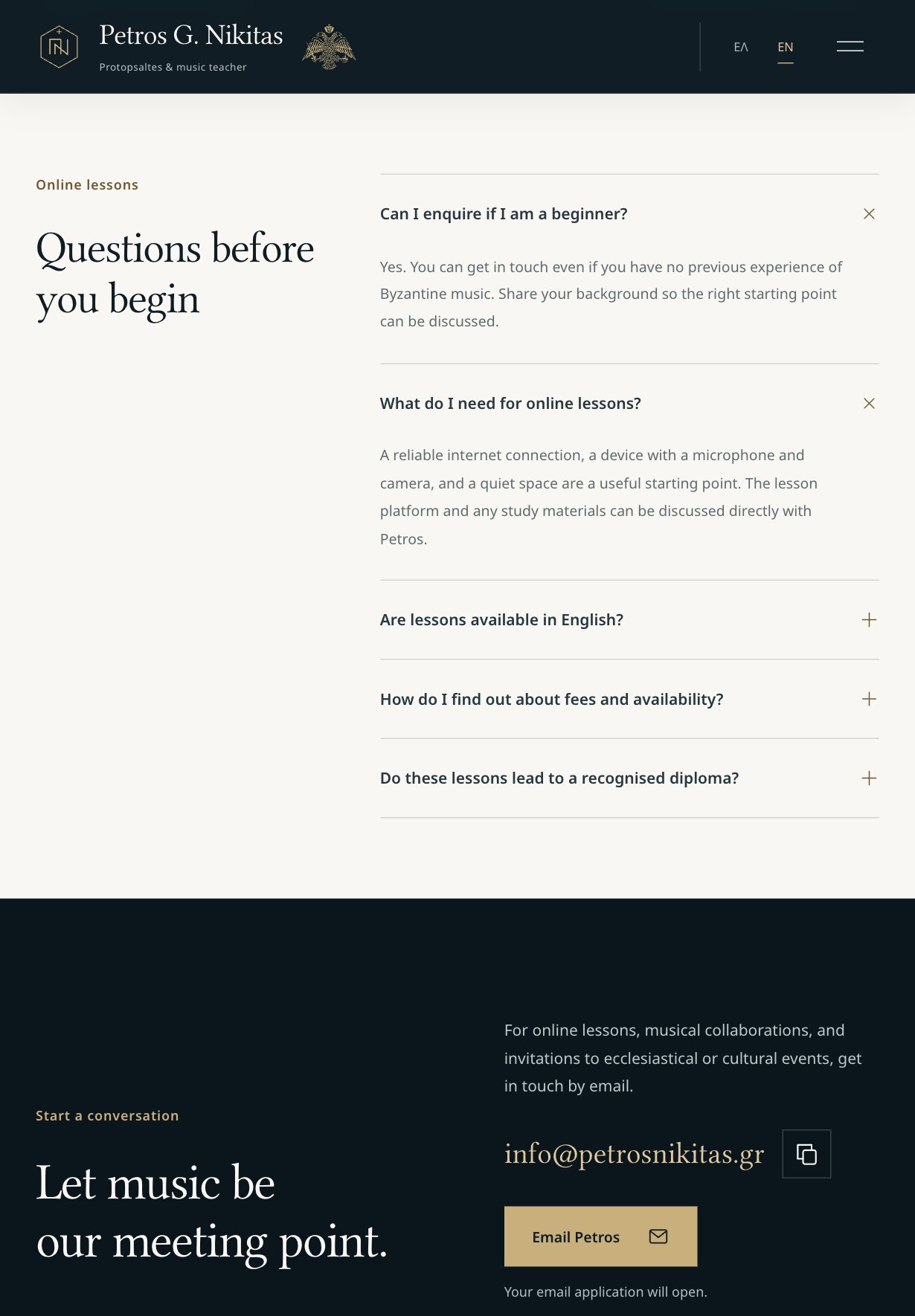 The section "Questions before you begin" on a tablet: five questions, the first two open — whether a beginner can enquire, and what is needed for online lessons — each answer in a short paragraph; below, the contact section with the email address and an "Email Petros" button.