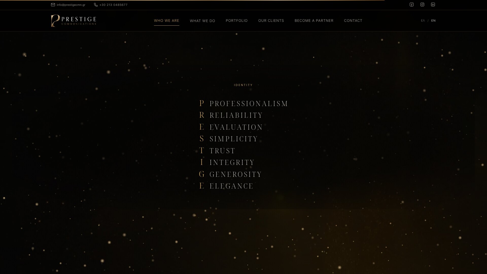 “Identity”标签下列出八个价值观，金色首字母拼成 PRESTIGE——Professionalism、Reliability、Evaluation、Simplicity、Trust、Integrity、Generosity、Elegance——背景是撒满金色微尘的黑色。