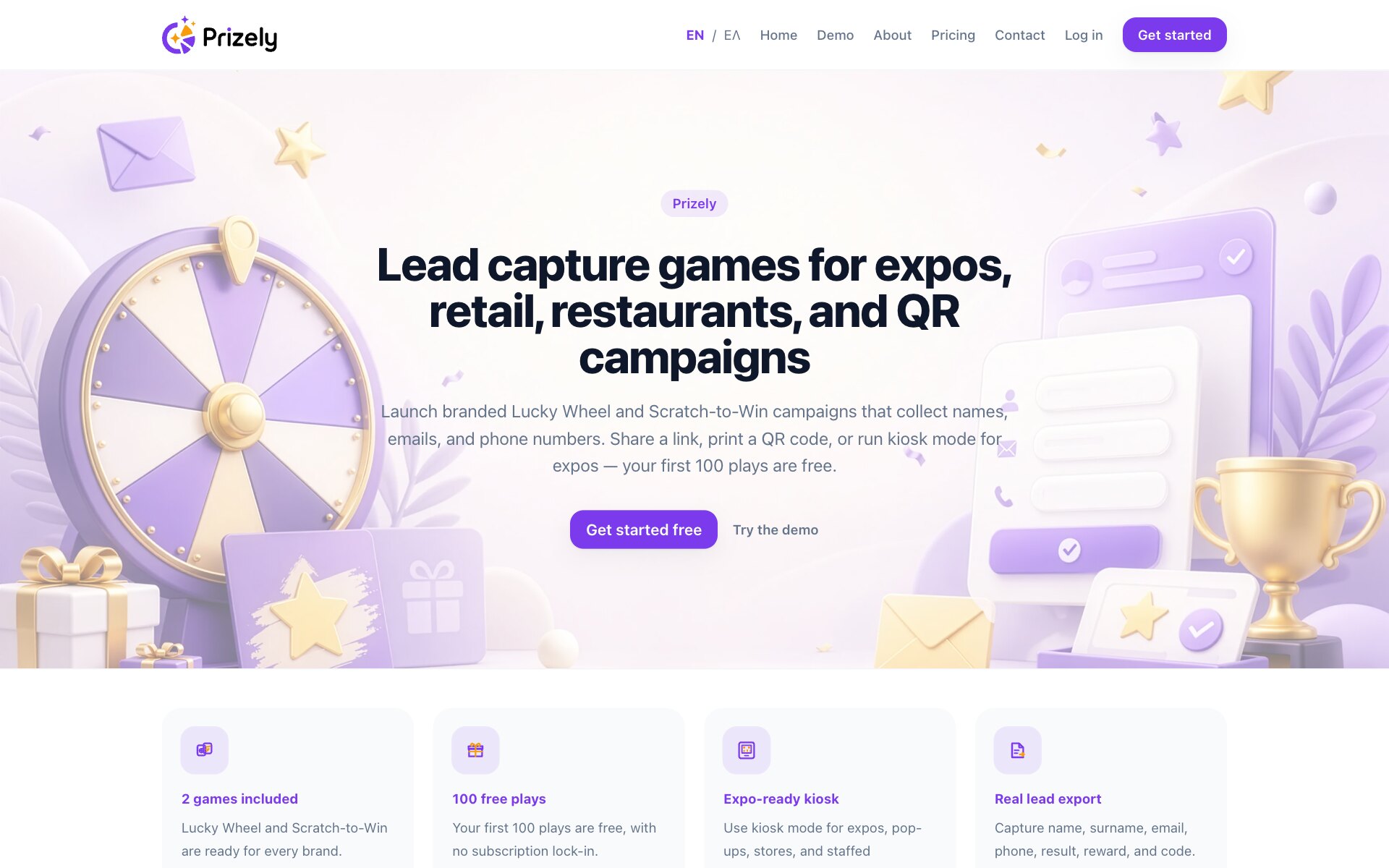 La portada de Prizely: una pequeña etiqueta «Prizely» sobre el titular «Lead capture games for expos, retail, restaurants, and QR campaigns», una frase sobre campañas de Lucky Wheel y Scratch-to-Win que recogen nombres, correos electrónicos y teléfonos, y un botón morado «Get started free» junto a un enlace «Try the demo», sobre una ilustración en lila pálido con una rueda de premios, una tarjeta para rascar, un formulario de registro y un trofeo dorado.