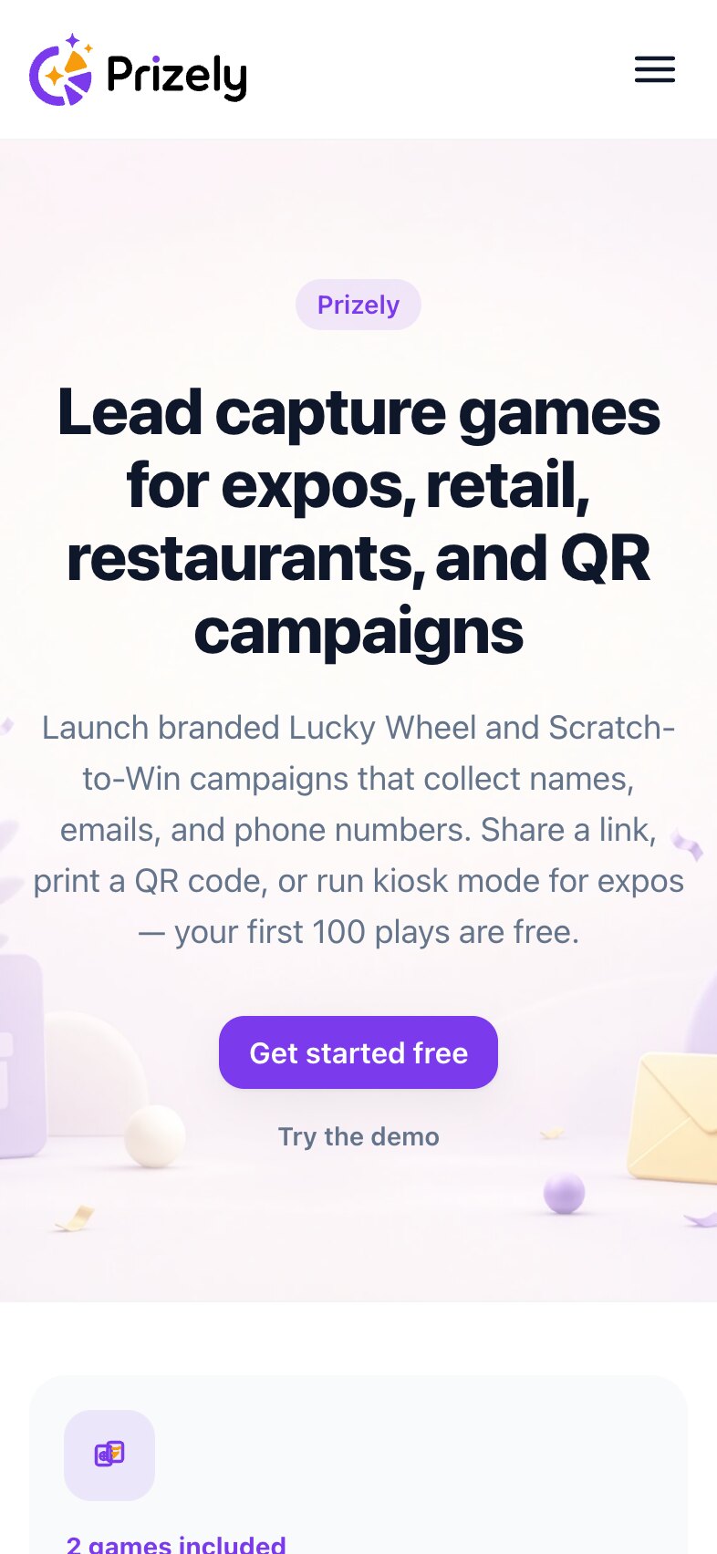 La portada en un móvil: el logotipo de Prizely y un botón de menú, el titular sobre una ilustración pálida, la introducción, un botón «Get started free» con el enlace «Try the demo» debajo y la parte superior de la primera tarjeta de ventajas.