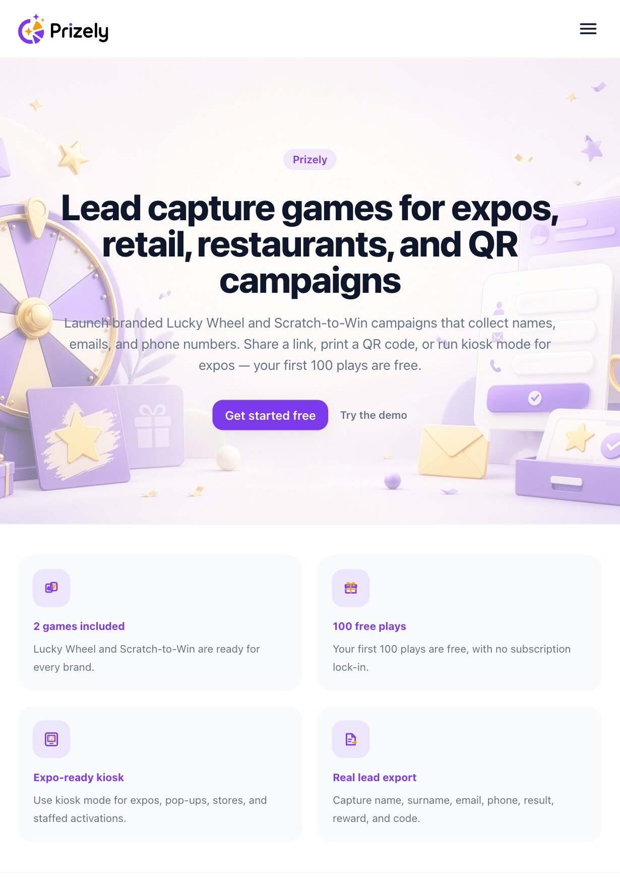 La portada en una tableta: el logotipo de Prizely y un botón de menú, el titular sobre la ilustración en lila pálido, la introducción, el botón «Get started free» y el enlace «Try the demo», y bajo la cabecera cuatro tarjetas en dos filas: 2 games included, 100 free plays, Expo-ready kiosk y Real lead export.