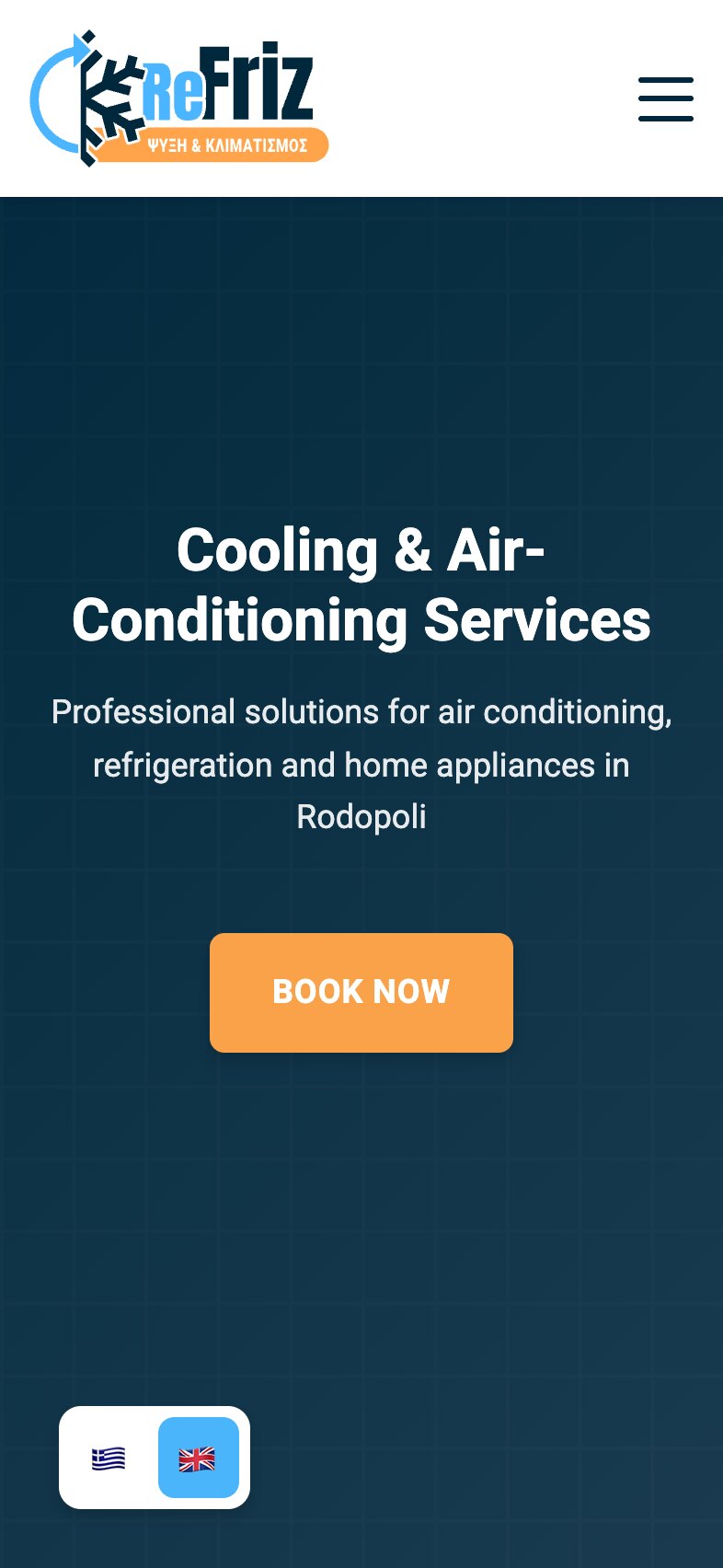 The home page on a phone: the logo and a menu button, the headline "Cooling & Air-Conditioning Services" over two lines, the supporting line over three, the orange "BOOK NOW" button and, at the bottom left, the Greek and British flag switch, all on the navy grid background.