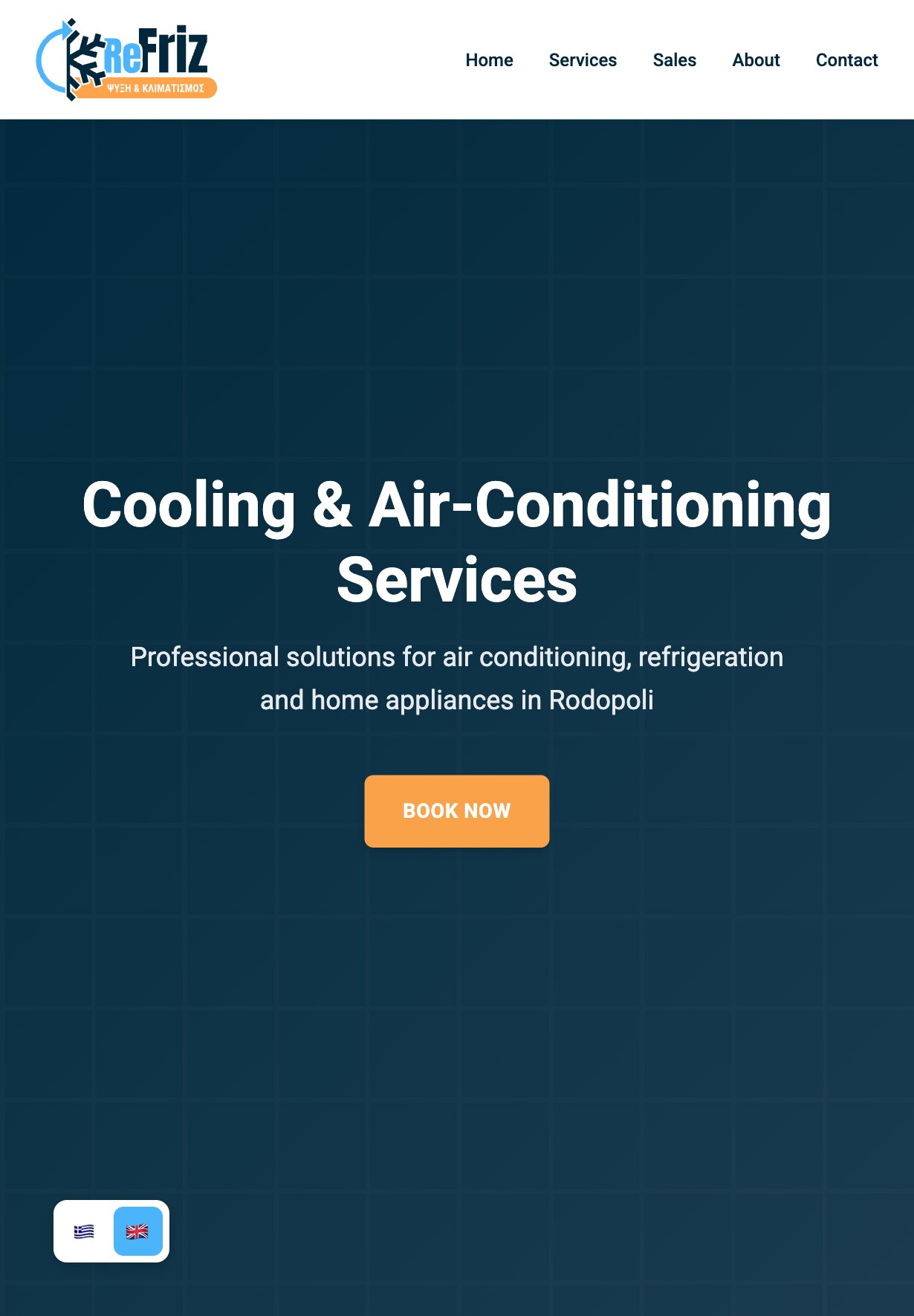 The home page on a tablet: the logo and the whole menu in one row, then the navy grid hero with the headline over two lines, the line about air conditioning, refrigeration and home appliances in Rodopoli and the orange "BOOK NOW" button, with the flag switch at the bottom left.