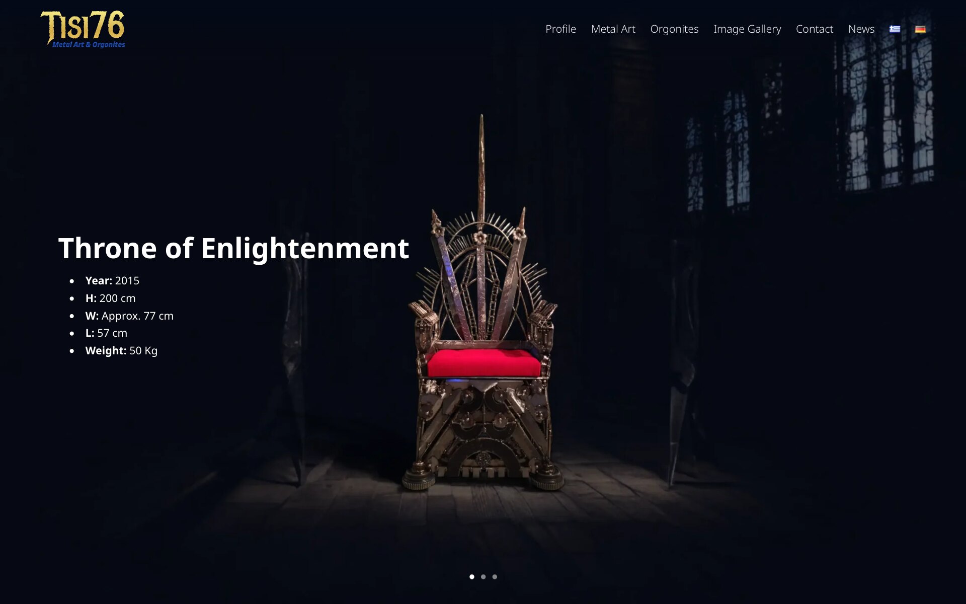 The Tisi76 home page: the gold Tisi76 logo with "Metal Art & Orgonites" beneath it, a menu of Profile, Metal Art, Orgonites, Image Gallery, Contact and News followed by a Greek and a German flag, above a dark room with tall windows and, in the middle, a metal throne with spikes, a sunburst back and a red seat; on the left the title "Throne of Enlightenment" and a list: year 2015, height 200 cm, width approx. 77 cm, length 57 cm, weight 50 kg; three slide dots at the bottom.