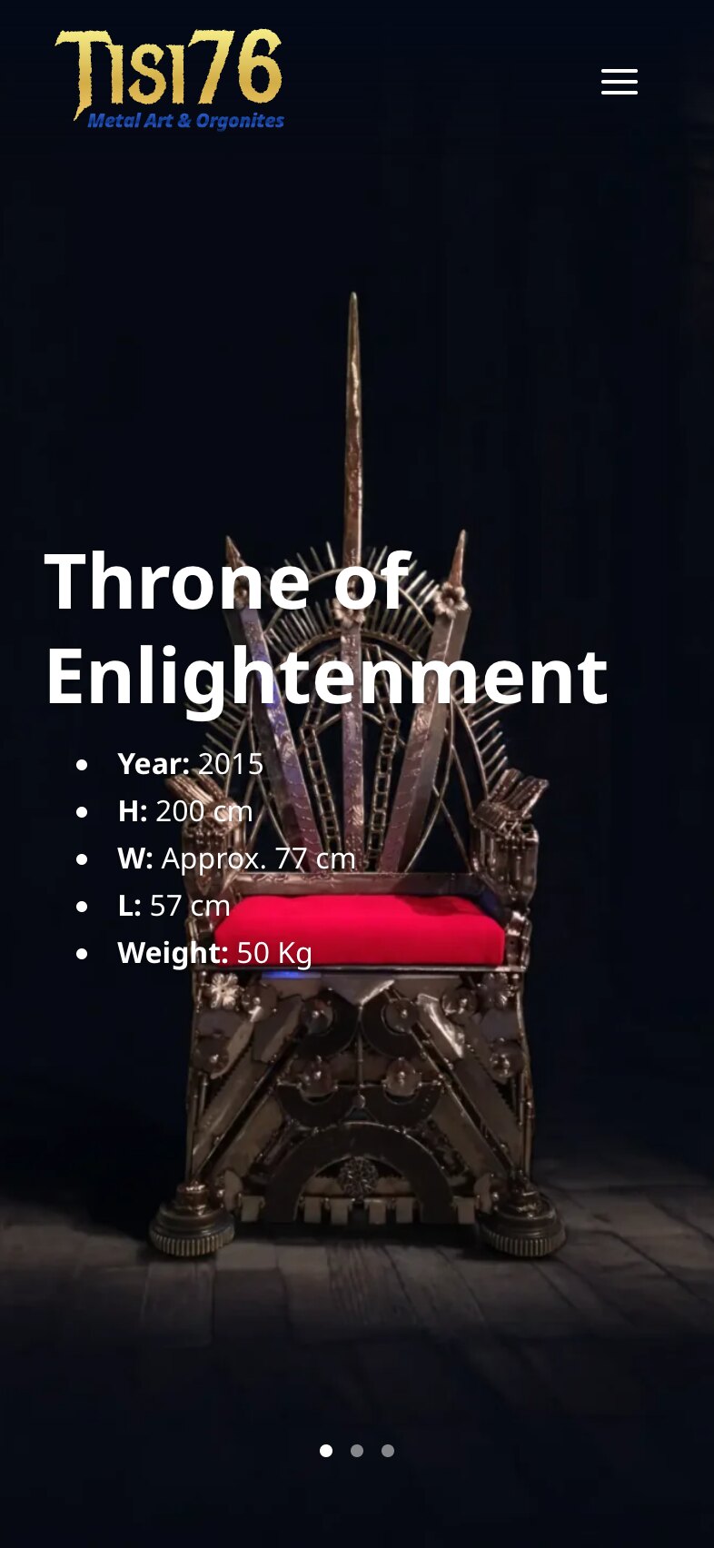 The home page on a phone: the Tisi76 logo and a menu button, the throne filling the screen, the title "Throne of Enlightenment" over two lines and the list of measurements laid over its back and seat, and three slide dots near the bottom.