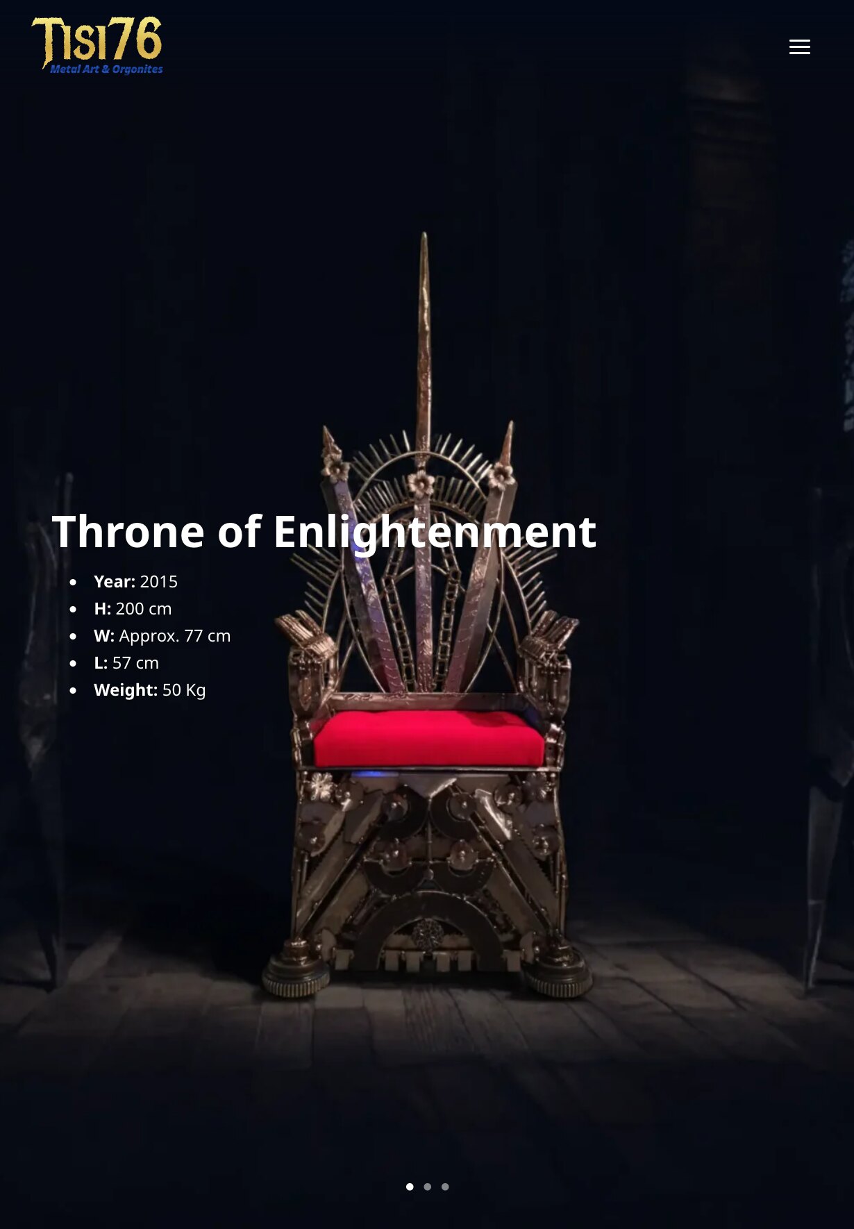 The home page on a tablet: the Tisi76 logo and a menu button over the dark room, with the throne standing full height in the middle, the title "Throne of Enlightenment" and its list of year, height, width, length and weight laid over the throne's back, and three slide dots at the bottom.