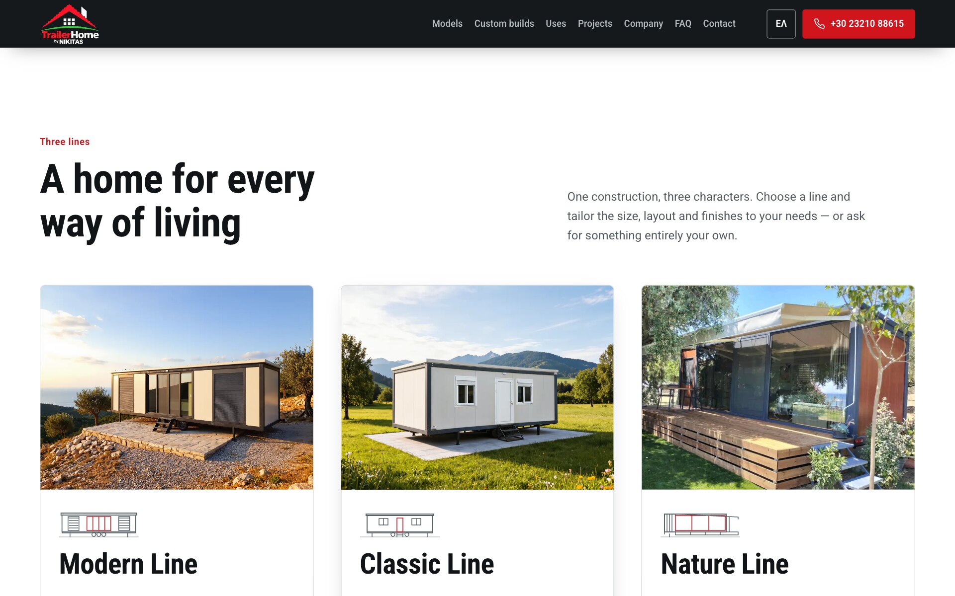 Trois cartes sous le titre « A home for every way of living » : une unité aux panneaux blancs et au cadre sombre sur une terrasse en pierre au coucher du soleil pour la Modern Line, une unité blanche avec une porte et deux fenêtres dans une prairie au pied des montagnes pour la Classic Line et une unité vitrée avec terrasse en bois pour la Nature Line, chacune avec un petit dessin au trait au-dessus de son nom.