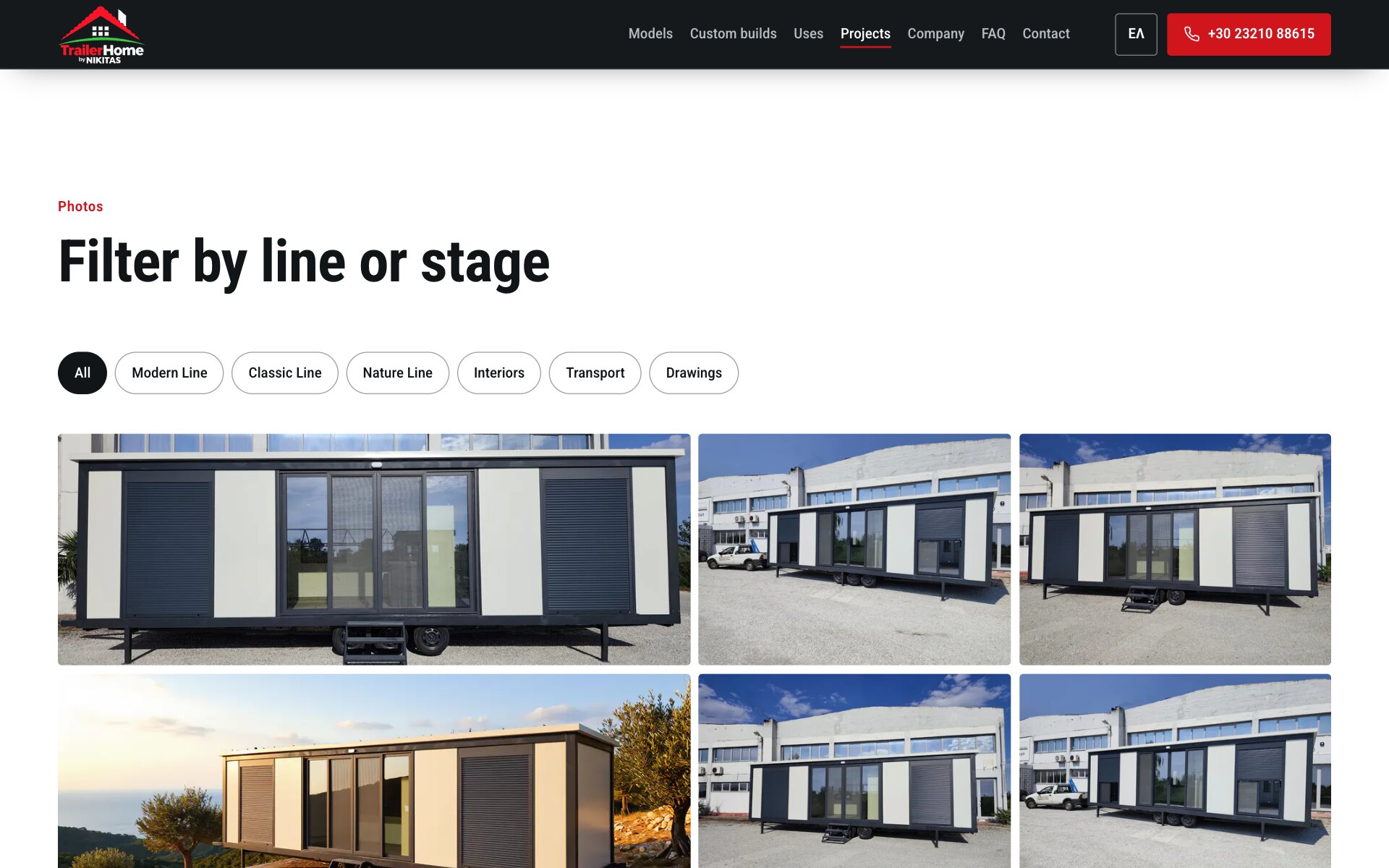 Le titre « Filter by line or stage » avec des filtres pour Tout, les trois gammes, Intérieurs, Transport et Dessins, au-dessus d'une grille de photos d'unités terminées.
