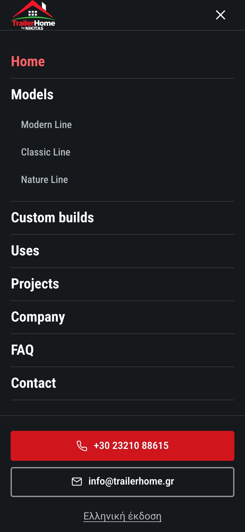Le menu ouvert sur téléphone : Home en rouge comme page en cours, Models avec ses trois gammes en retrait, puis Custom builds, Uses, Projects, Company, FAQ et Contact, avec un bouton téléphone, un bouton e-mail et un lien vers l'édition grecque.