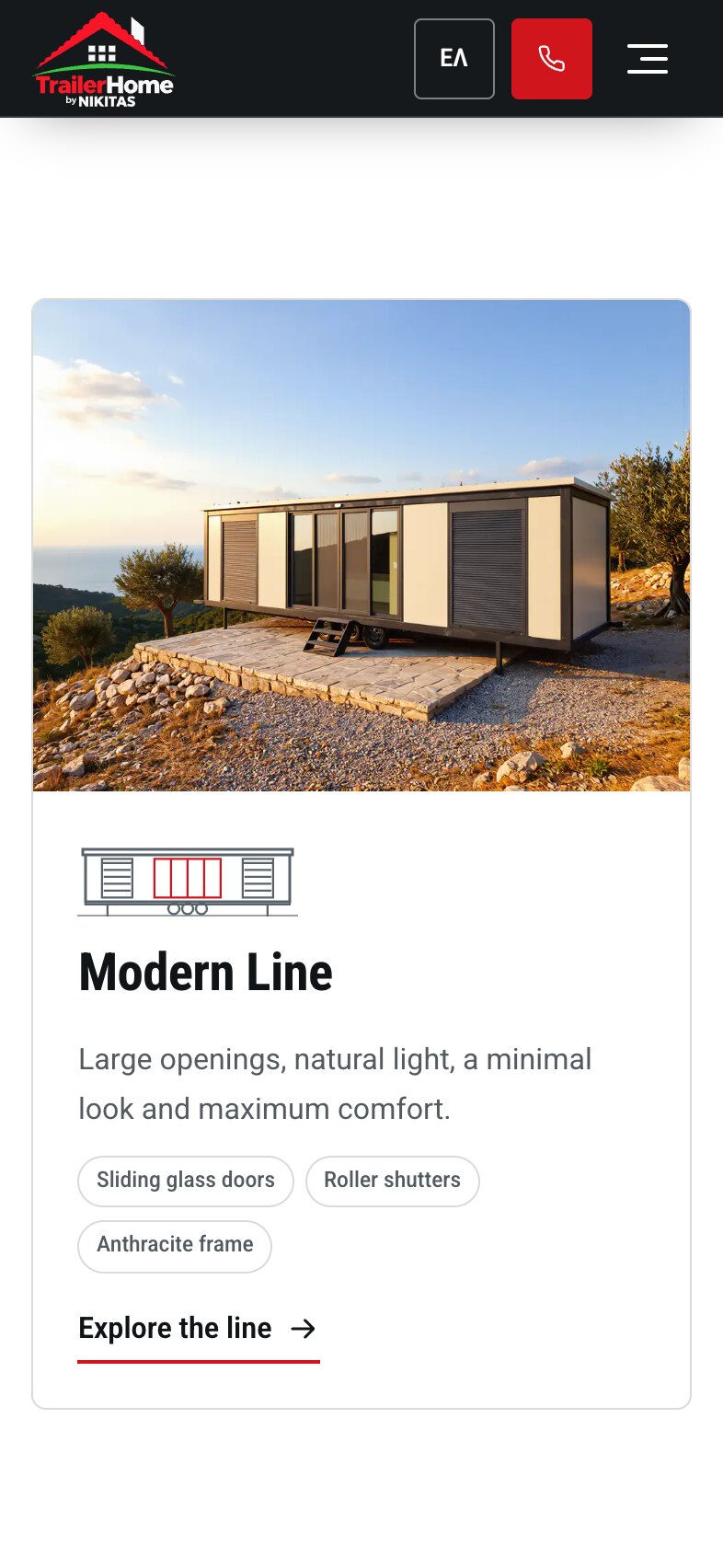 Une carte de la Modern Line sur téléphone : une photo de l'unité sur une terrasse en pierre au coucher du soleil, un petit dessin au trait, une description d'une ligne, trois étiquettes de caractéristiques et un lien « Explore the line ».