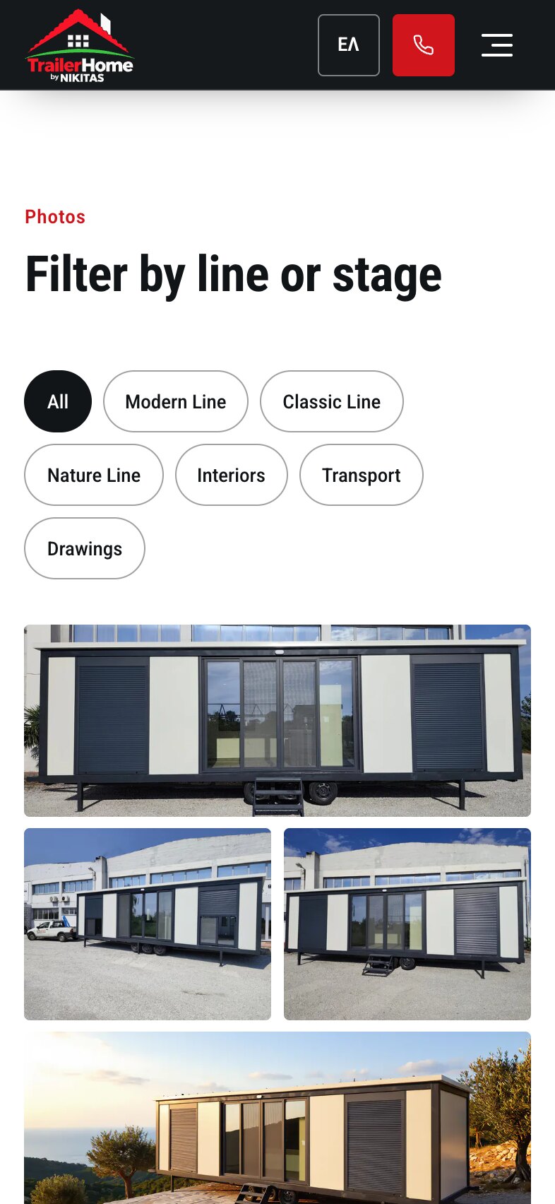 La galerie des projets sur téléphone : le titre « Filter by line or stage », des filtres répartis sur trois lignes avec « All » sélectionné, et les premières photos d'unités en dessous.