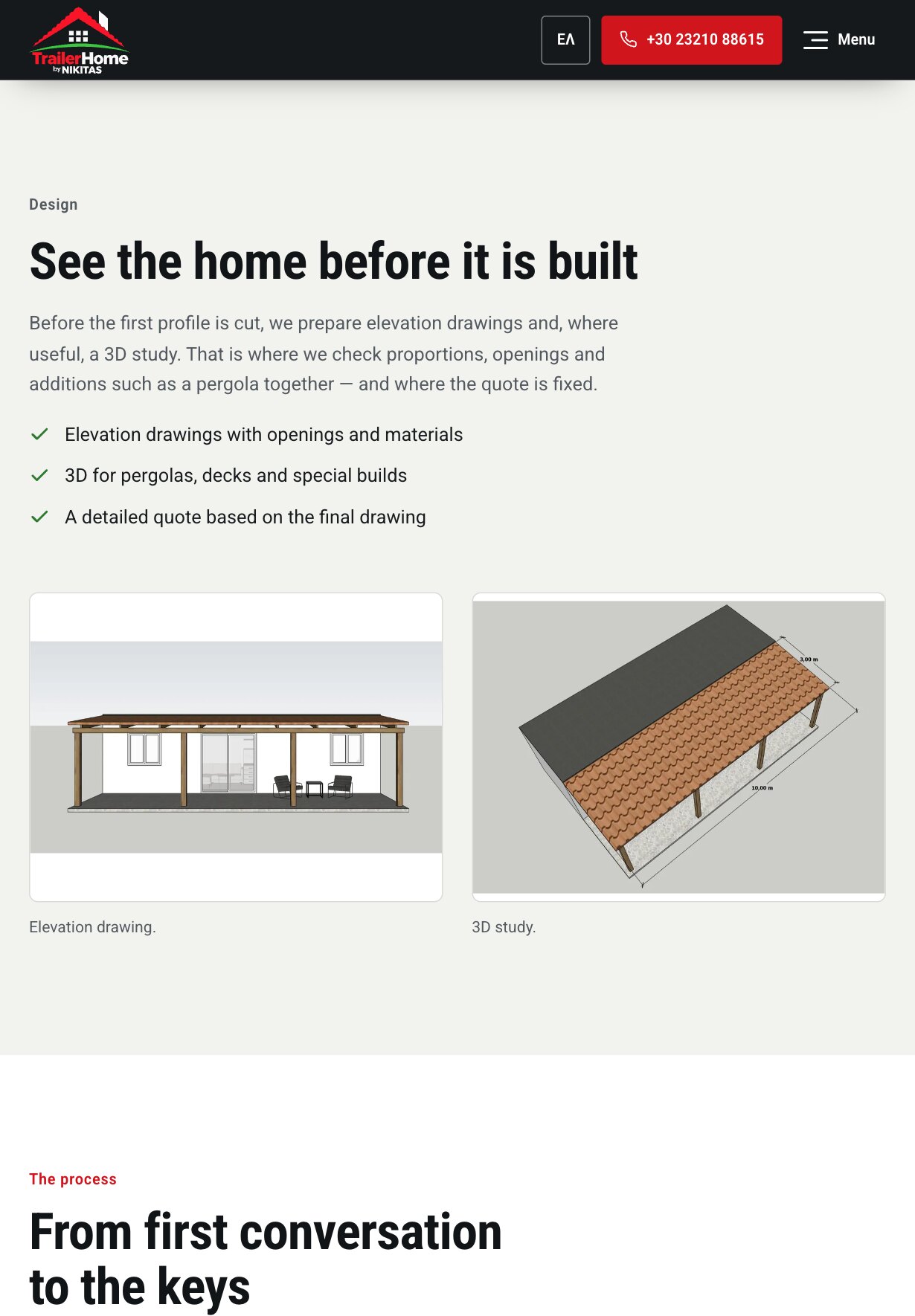La section « See the home before it is built » sur tablette : un court texte et trois points cochés au-dessus de deux images, un dessin d'élévation d'une unité avec pergola et une étude 3D d'un toit en tuiles avec ses cotes.