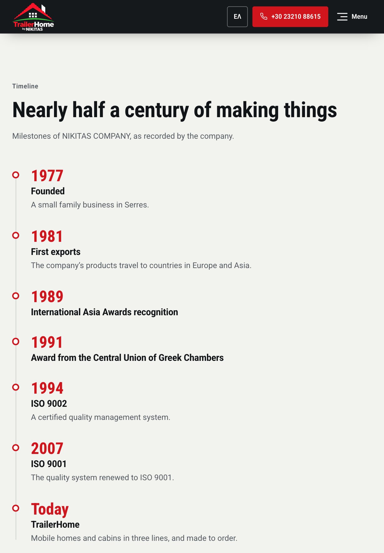 Une chronologie intitulée « Nearly half a century of making things », avec des dates en rouge de 1977 à aujourd'hui : la fondation, les premières exportations, deux distinctions, ISO 9002, ISO 9001 et TrailerHome.