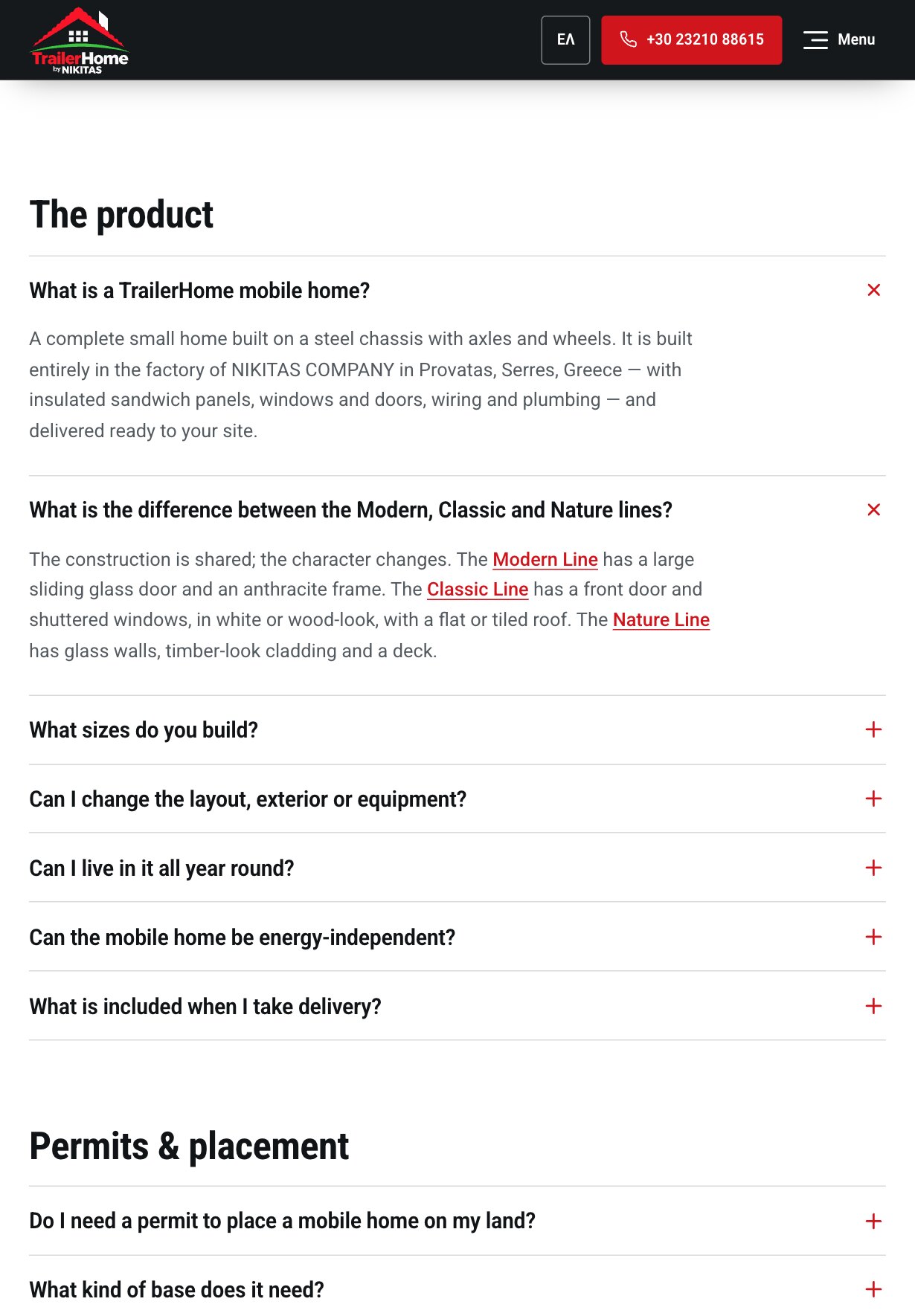 Des questions-réponses sous le titre « The product » : les deux premières ouvertes, expliquant ce qu'est une maison mobile TrailerHome et ce qui distingue les trois gammes, les autres fermées avec des signes plus, et en dessous le titre « Permits & placement ».