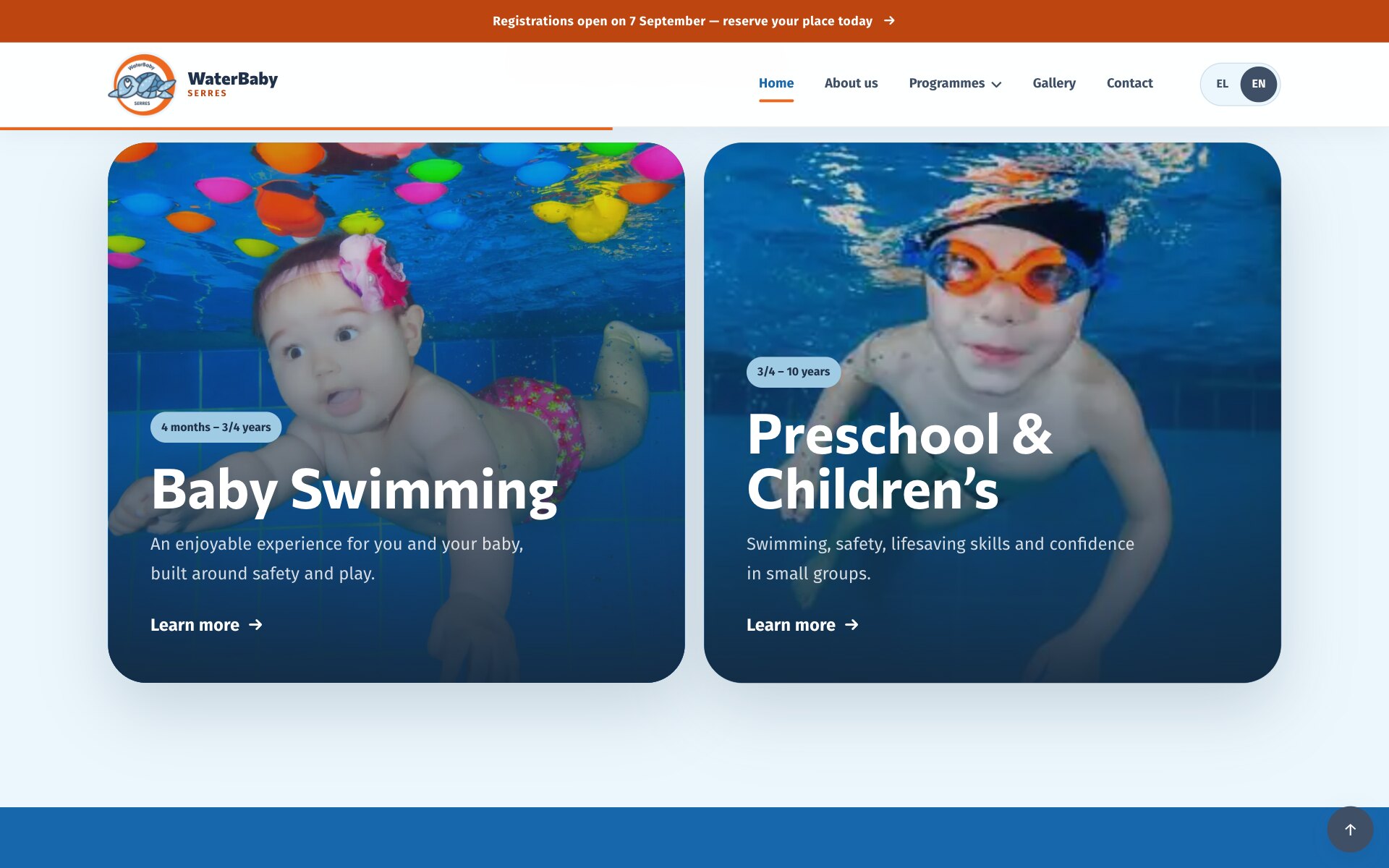 浅蓝底色上并排两张课程卡。左边是 Baby Swimming,标注 4 months – 3/4 years,背景是一张水下照片:一个戴粉色花朵发带的婴儿,上方漂着彩色玩具。右边是 Preschool & Children’s,标注 3/4 – 10 years,背景是一个戴橙色泳镜和深色泳帽的孩子的水下照片。每张卡片都有一句简介和“Learn more”链接。