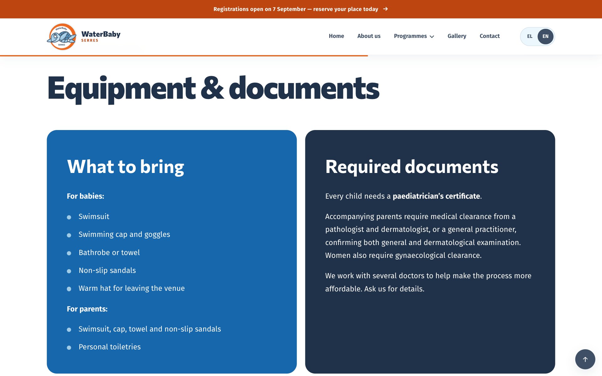标题“Equipment & documents”下方两块面板。蓝色面板“What to bring”列出婴儿要带泳衣、泳帽和泳镜、浴袍或毛巾、防滑拖鞋以及离场时戴的保暖帽,家长要带泳衣、泳帽、毛巾、防滑拖鞋和个人洗漱用品。深蓝色面板“Required documents”要求每个孩子提供儿科医生证明,陪同的家长提供医疗许可证明。
