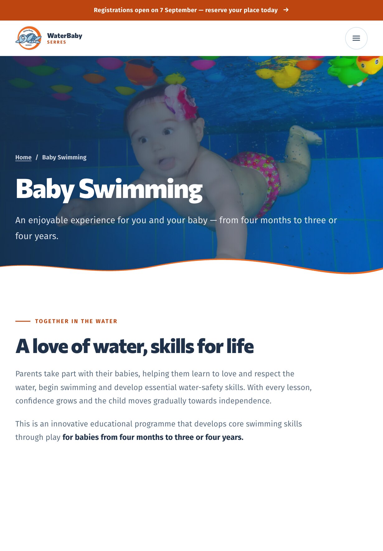 平板上的 Baby Swimming 页面:面包屑导航、标题“Baby Swimming”和一行“An enjoyable experience for you and your baby — from four months to three or four years.”,叠在一张偏蓝色调的水下照片上,照片里是一个戴花朵发带的婴儿;下方是“Together in the water”标签、标题“A love of water, skills for life”和两段文字。