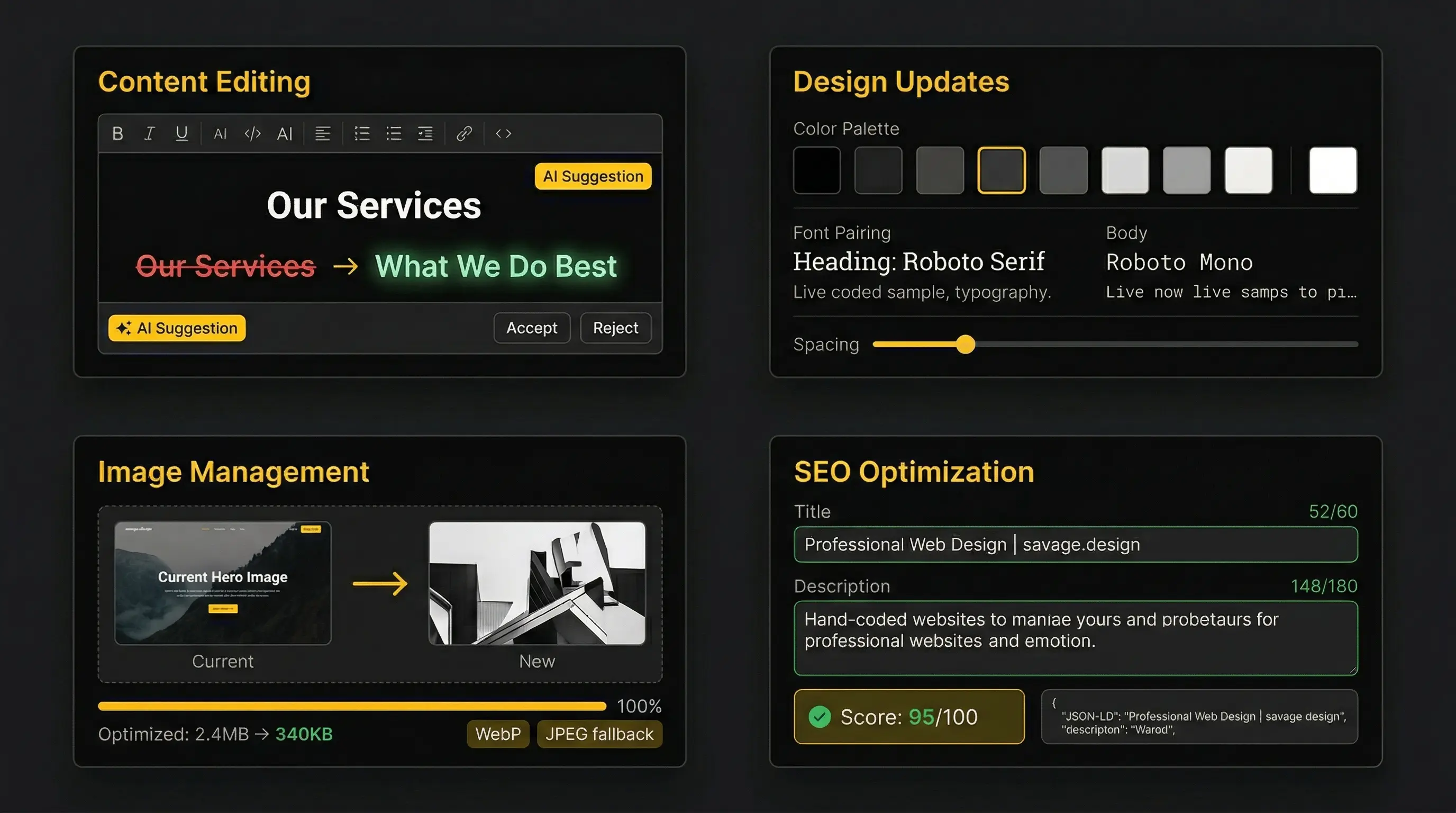 AI Admin Panel demonstrating content editing capabilities