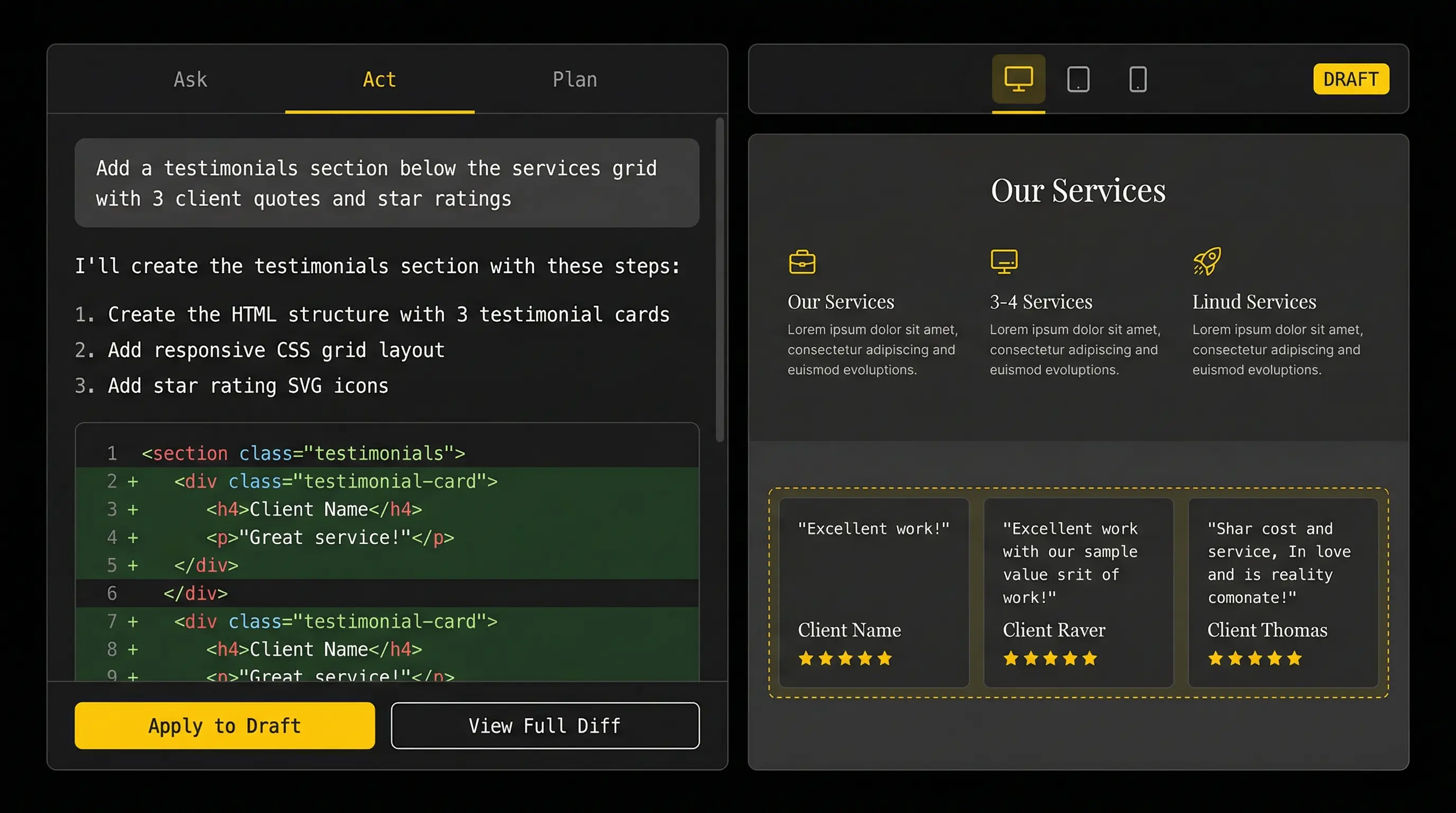 AI Admin Panel split-screen environment showing chat and live preview